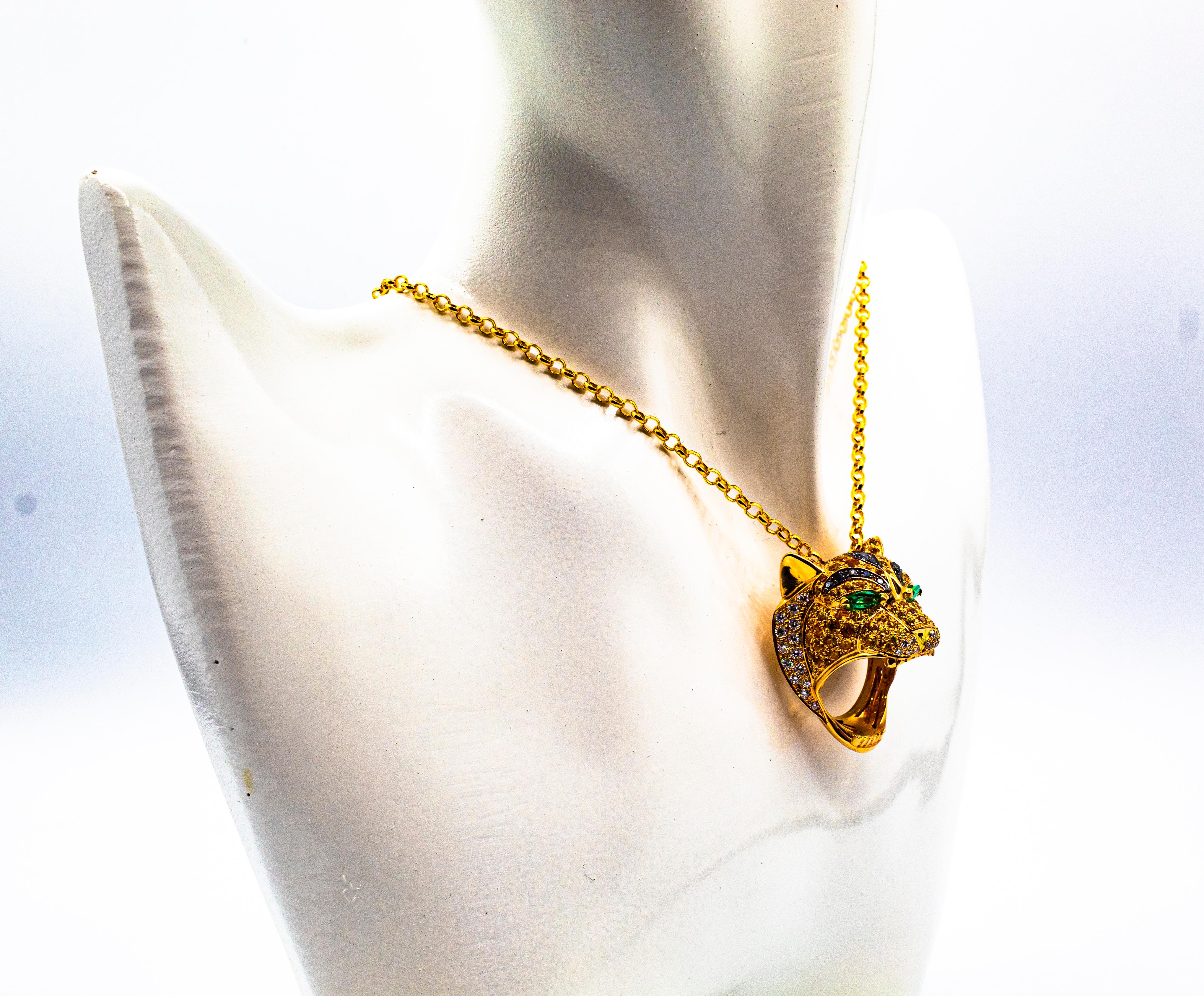 Modern Yellow Sapphire Emerald Black & White Diamond Yellow Gold Tiger Ring Necklace For Sale