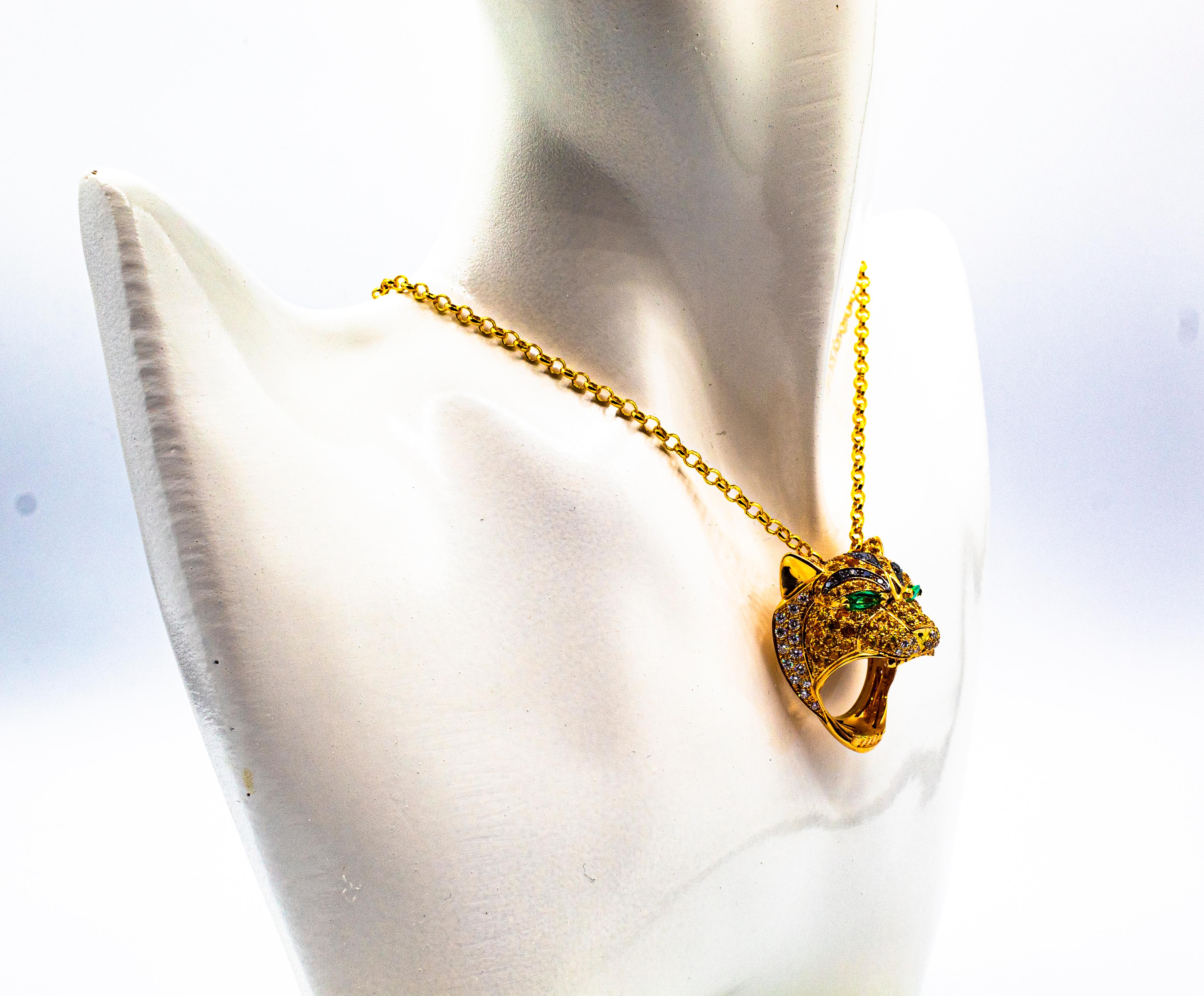 Zafiro Amarillo Esmeralda Negro y Blanco Diamante Anillo Tigre Oro Amarillo Collar Corte brillante en venta