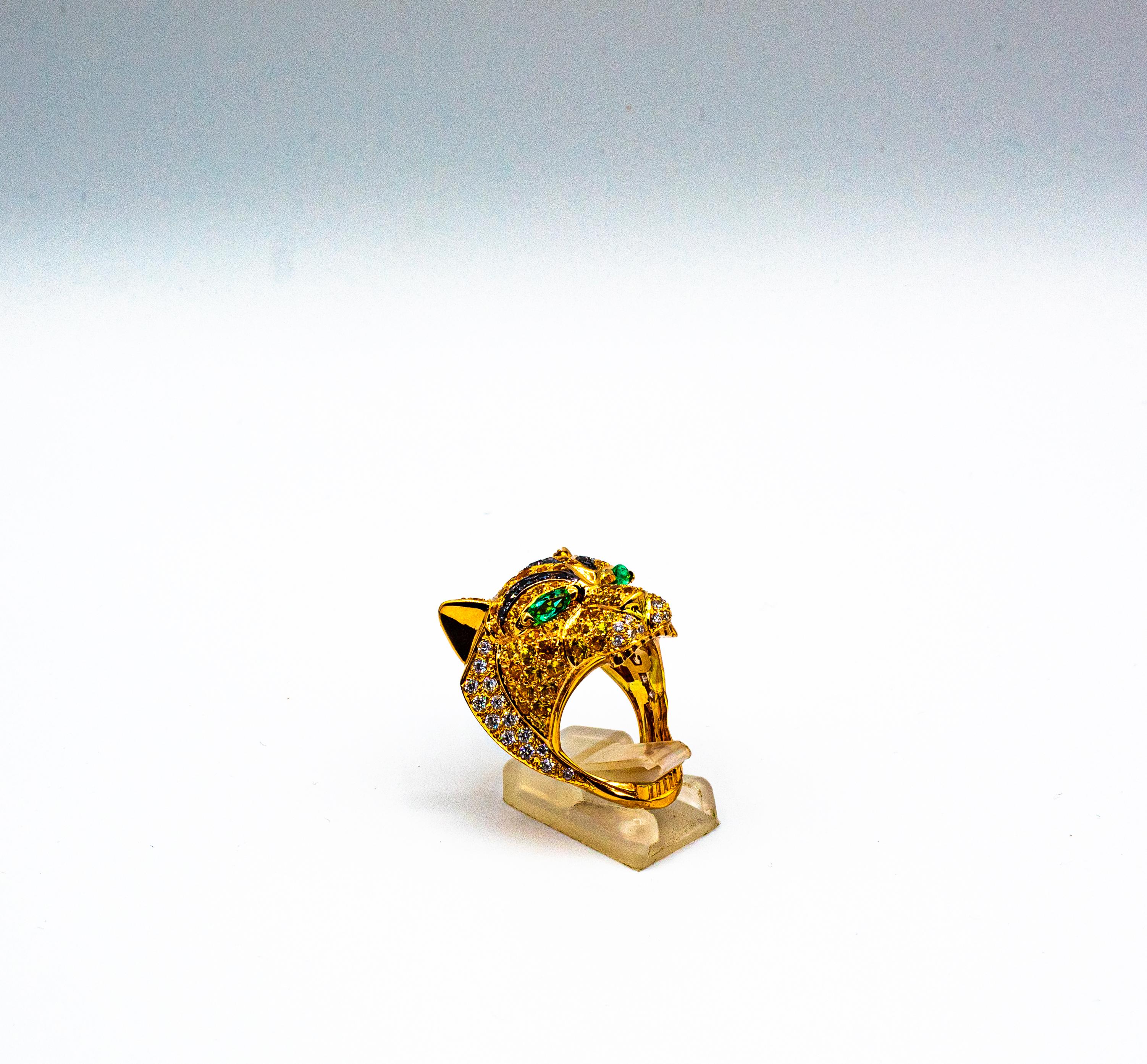 Yellow Sapphire Emerald Black & White Diamond Yellow Gold Tiger Ring Necklace For Sale 2
