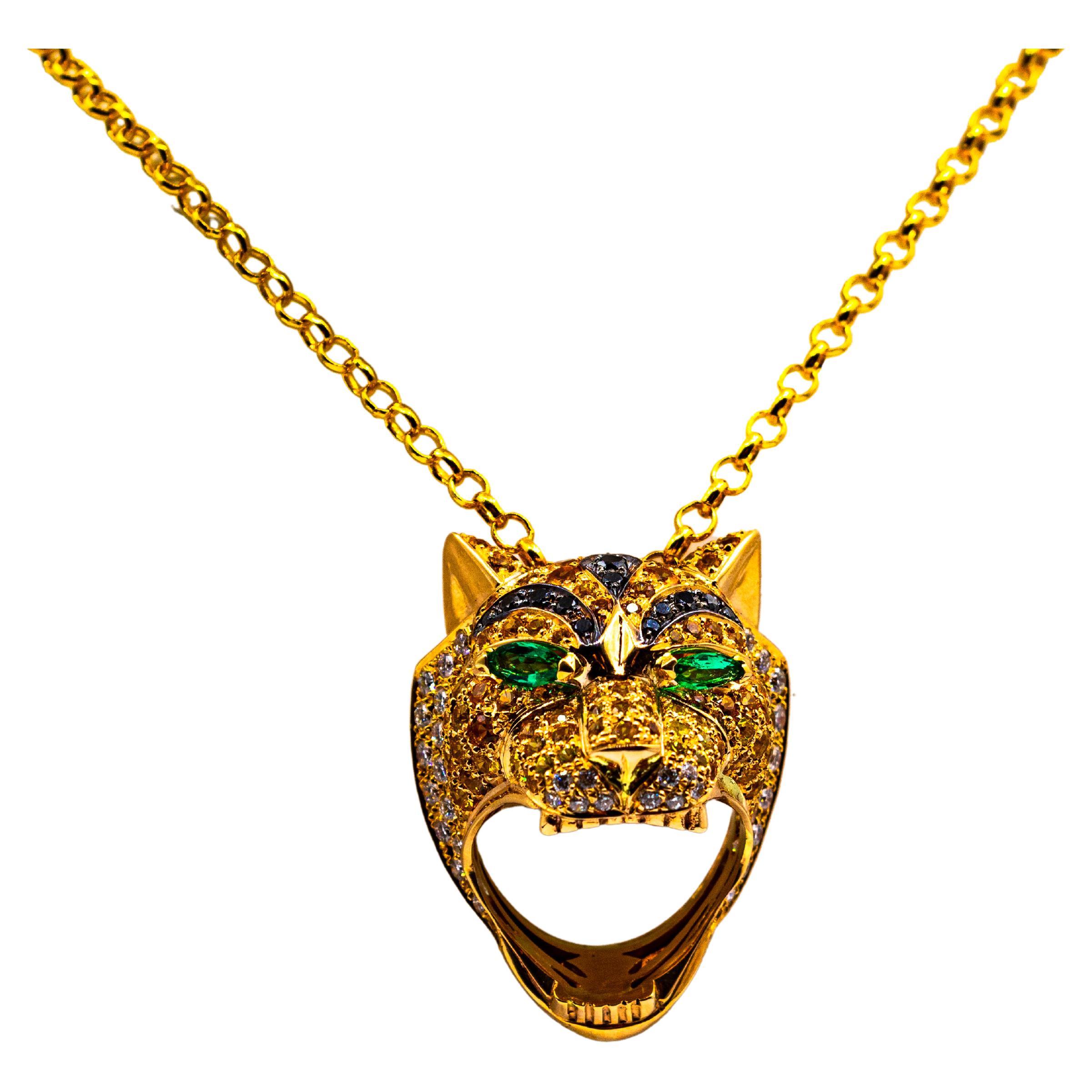 Yellow Sapphire Emerald Black & White Diamond Yellow Gold Tiger Ring Necklace For Sale
