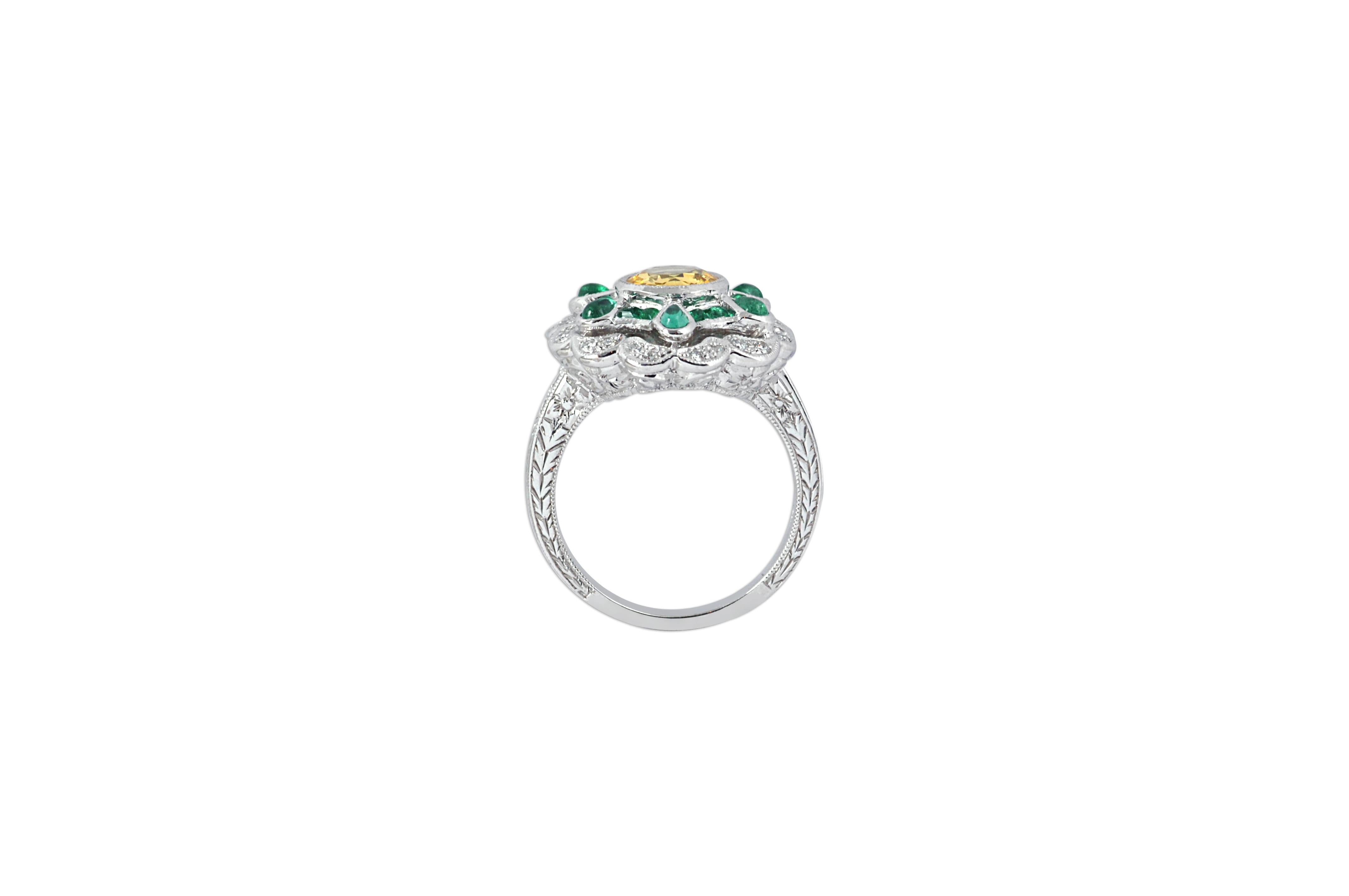 Round Cut Yellow Sapphire, Emerald with Diamond Ring Set in 18 Karat White Gold Setting For Sale