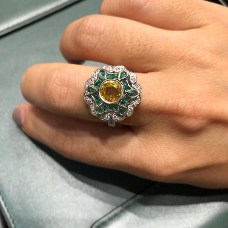 Women's Yellow Sapphire, Emerald with Diamond Ring Set in 18 Karat White Gold Setting For Sale