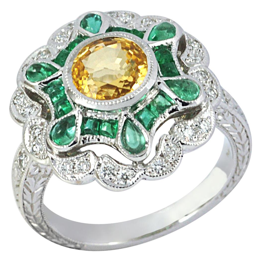 Yellow Sapphire, Emerald with Diamond Ring Set in 18 Karat White Gold Setting For Sale