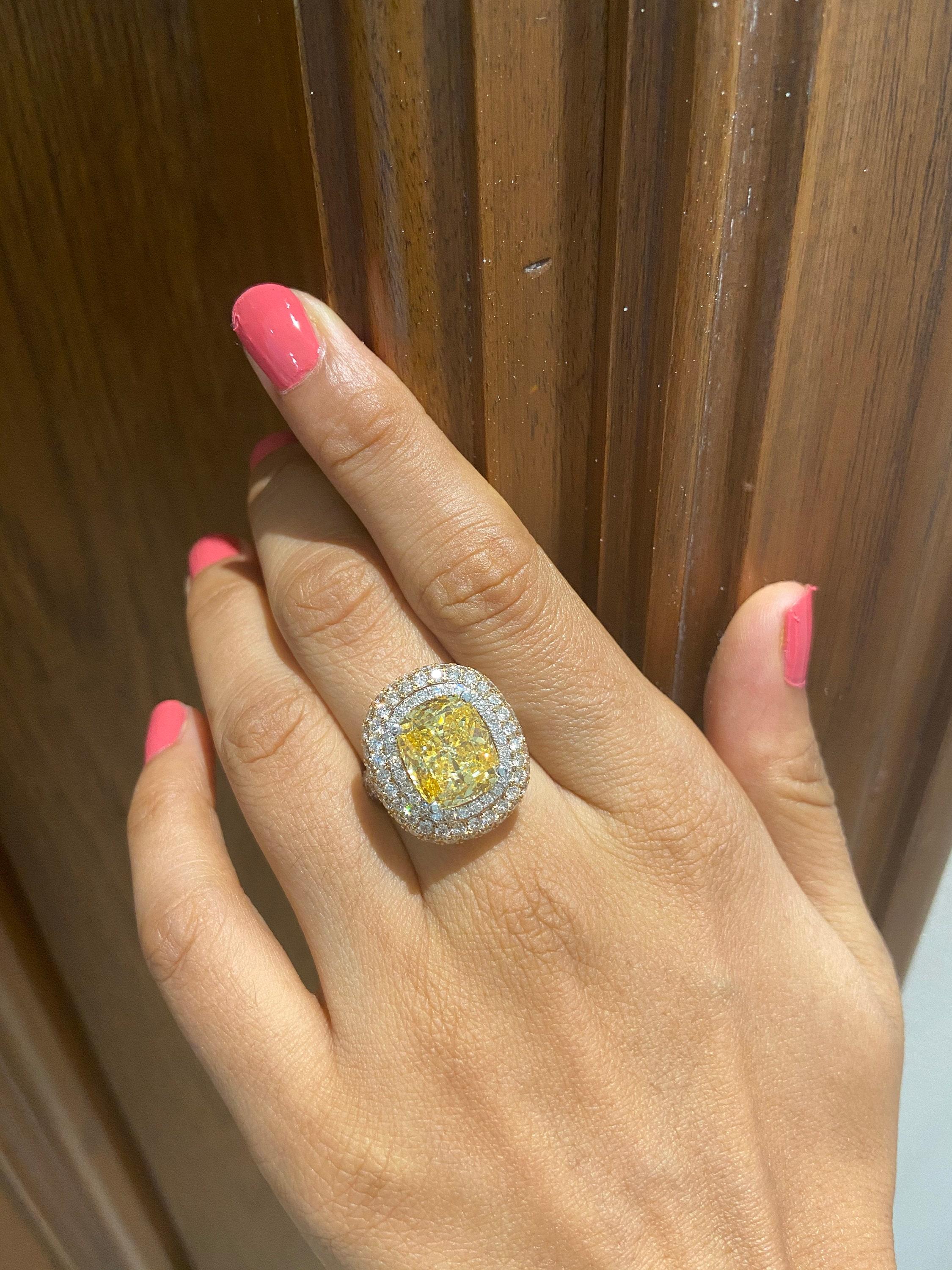 Art Deco Yellow Sapphire Gemstone Statement Diamond Ring in 14K Solid Gold (Certified) For Sale