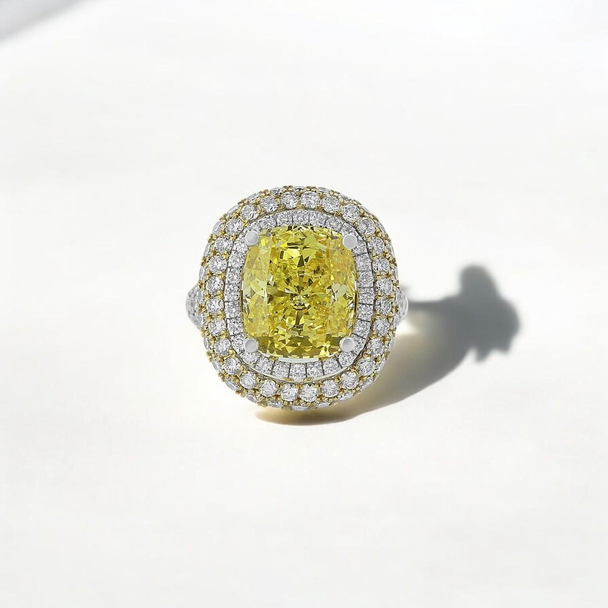 Cushion Cut Yellow Sapphire Gemstone Statement Diamond Ring in 14K Solid Gold (Certified) For Sale