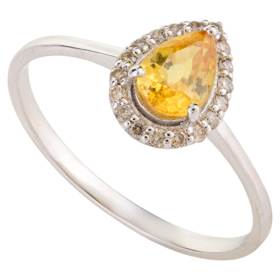 Bague de fiançailles en or blanc massif 18k avec saphir jaune et halo de diamants pour elle