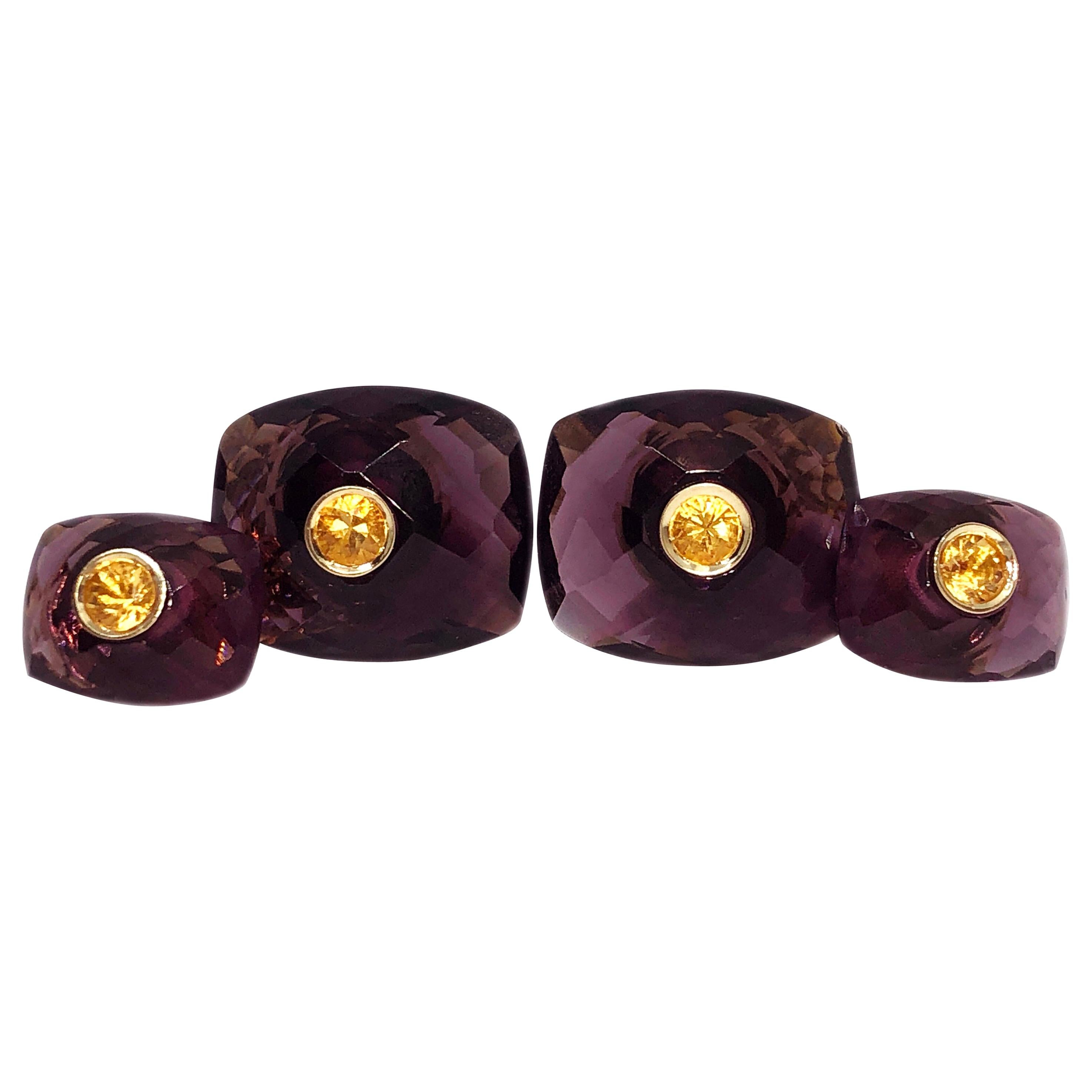 Yellow Sapphire Hand Inlaid Faceted Amethyst Setting Yellow Gold Cufflinks