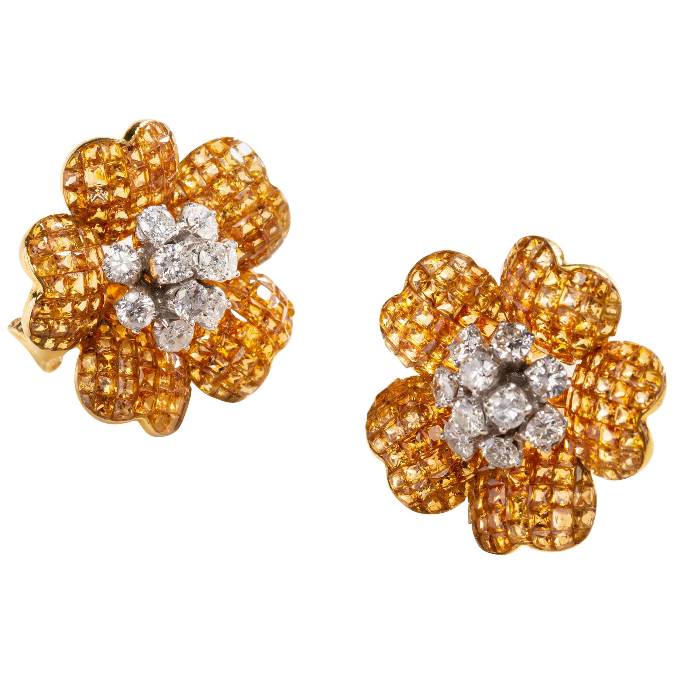 Yellow Sapphire Hibiscus Flower Earrings with Diamonds in 14 Karat Gold For Sale