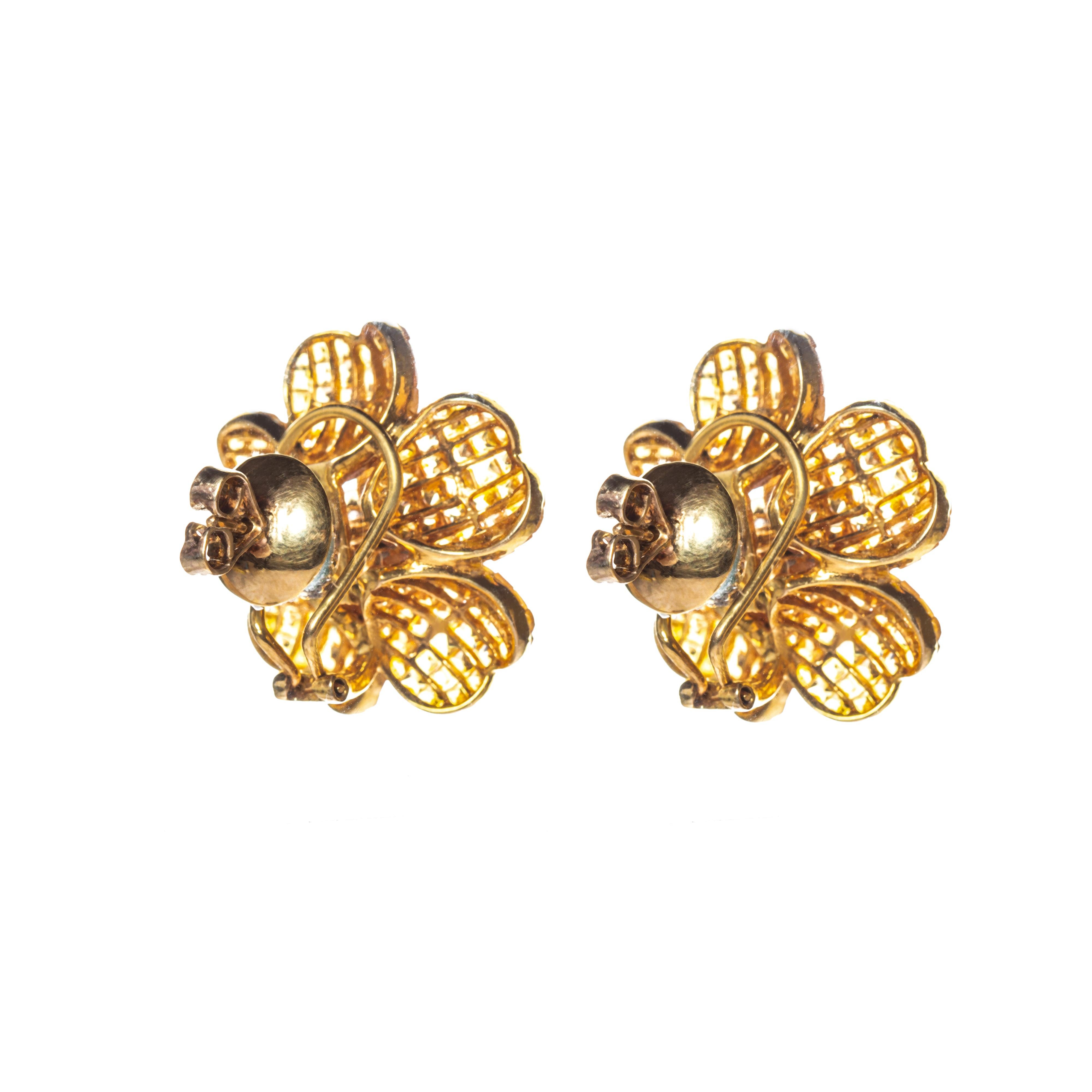 Contemporary Yellow Sapphire Hibiscus Flower Earrings with Diamonds in 14 Karat Gold For Sale