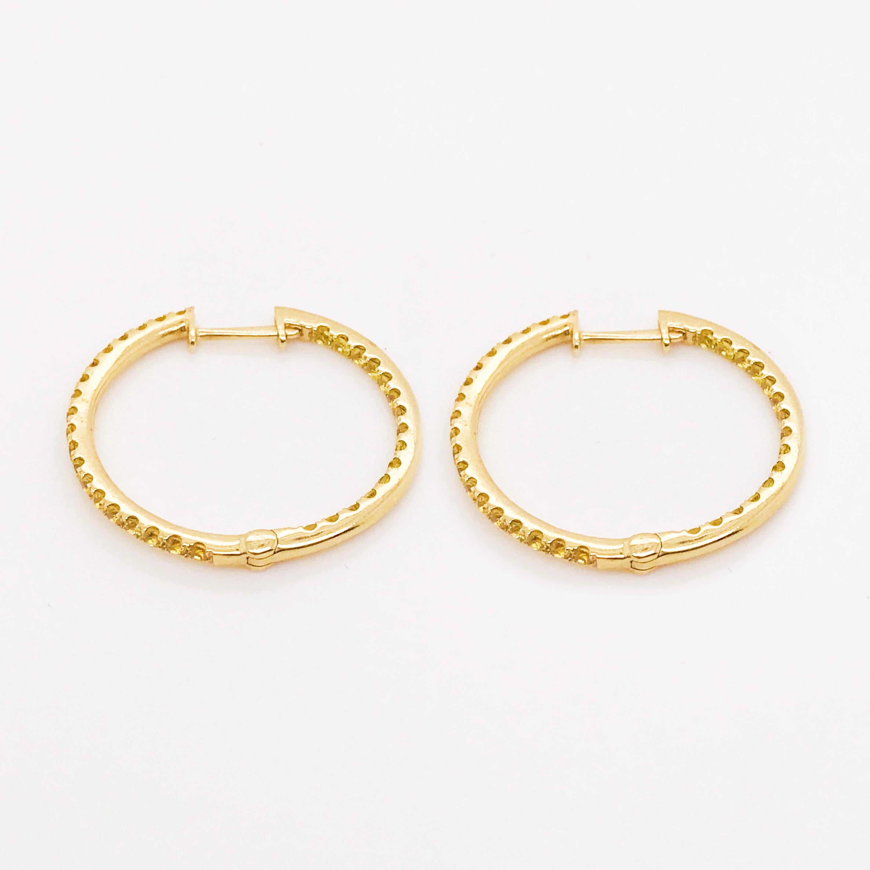 Round Cut Yellow Sapphire Inside Out Hoop Earrings, 14 Karat Gold Genuine Sapphire Gems