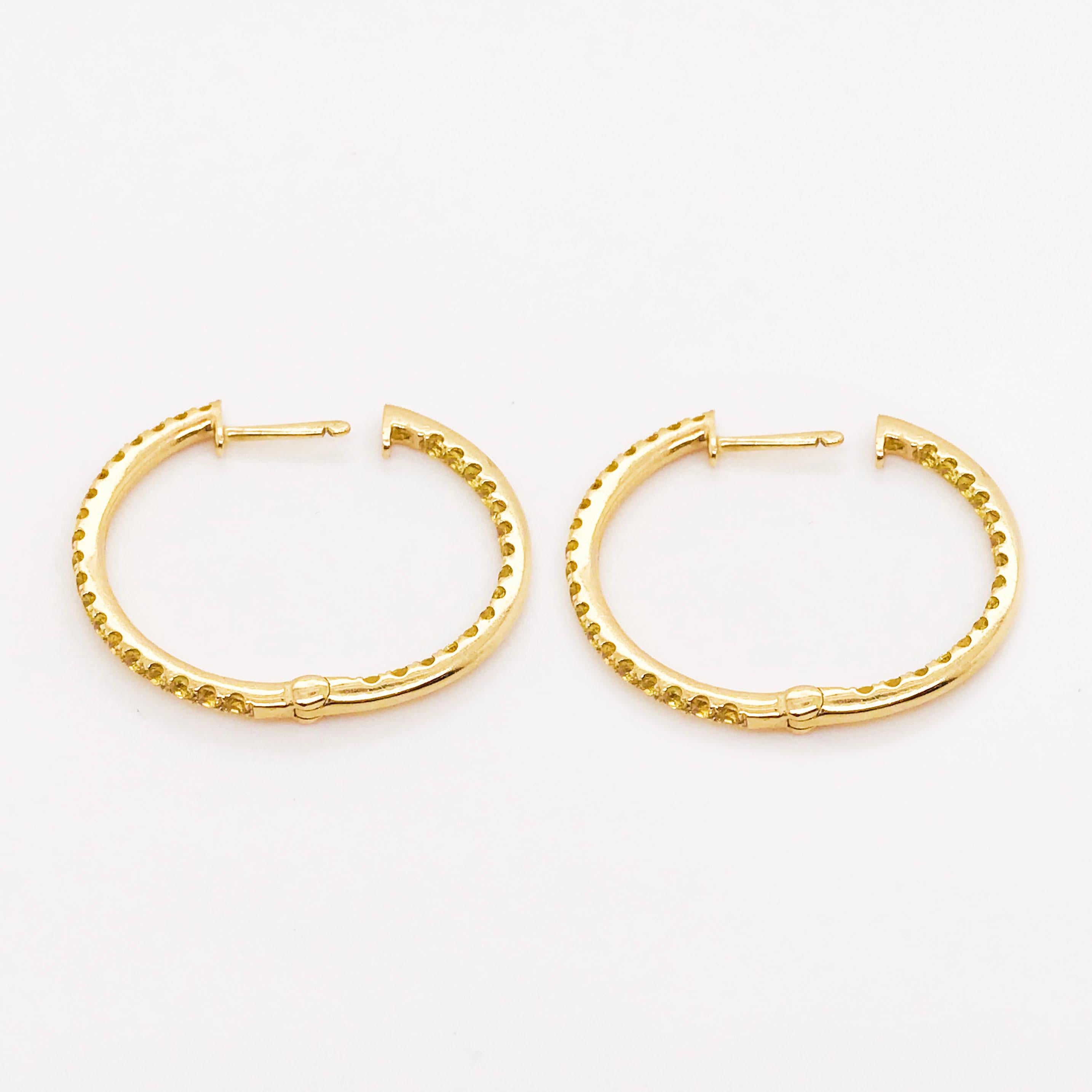 Yellow Sapphire Inside Out Hoop Earrings, 14 Karat Gold Genuine Sapphire Gems In New Condition In Austin, TX