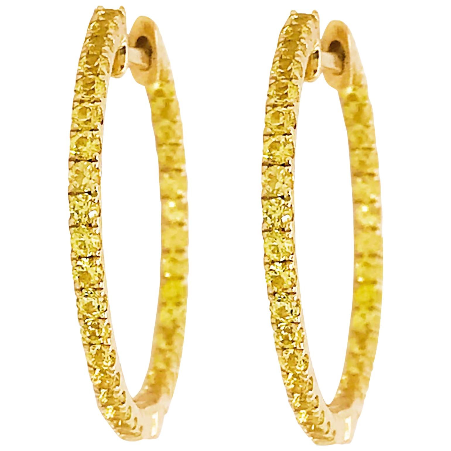 Yellow Sapphire Inside Out Hoop Earrings, 14 Karat Gold Genuine Sapphire Gems