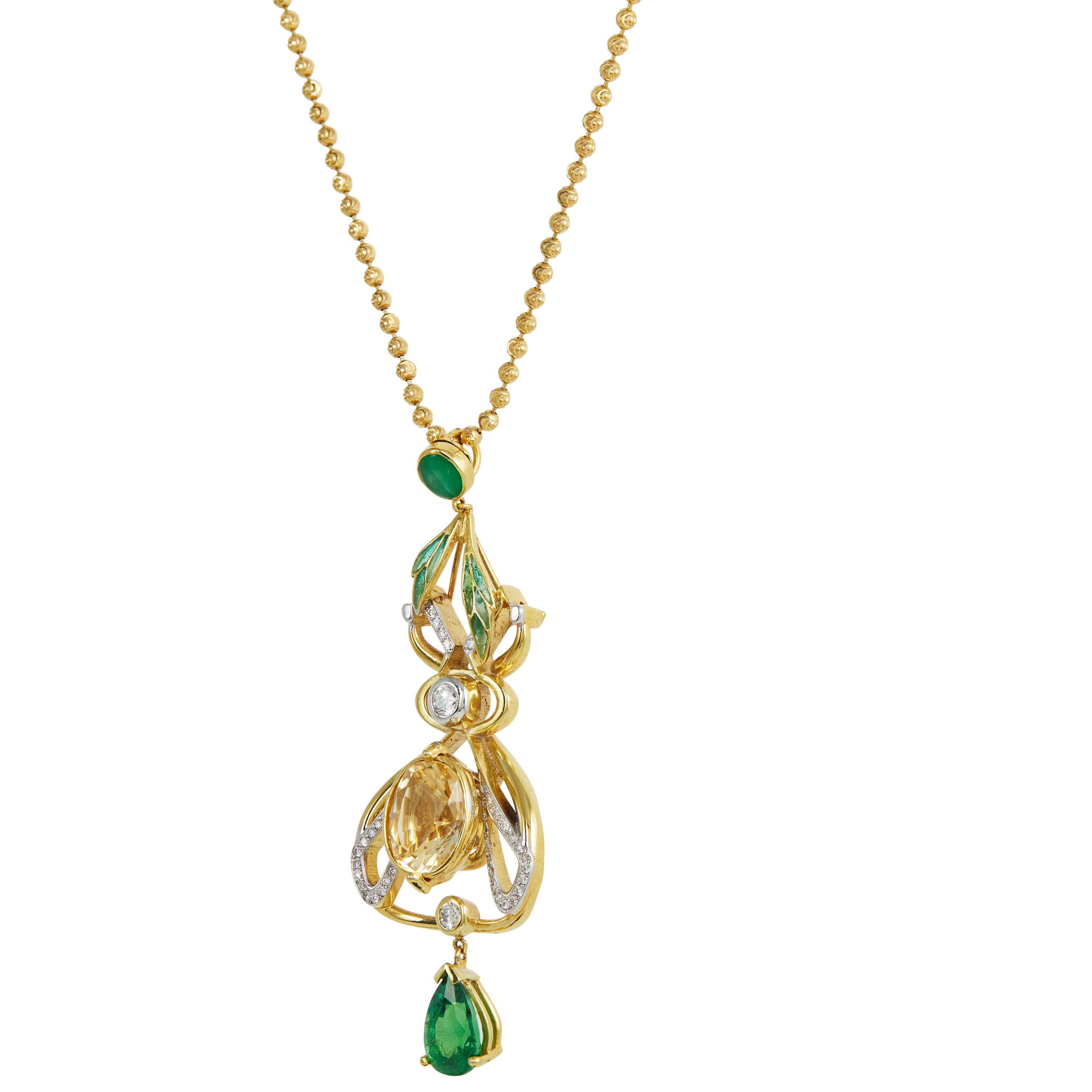 Contemporary Yellow Sapphire, Jade, Green Tsavorite, Diamond 18k Pendant For Sale