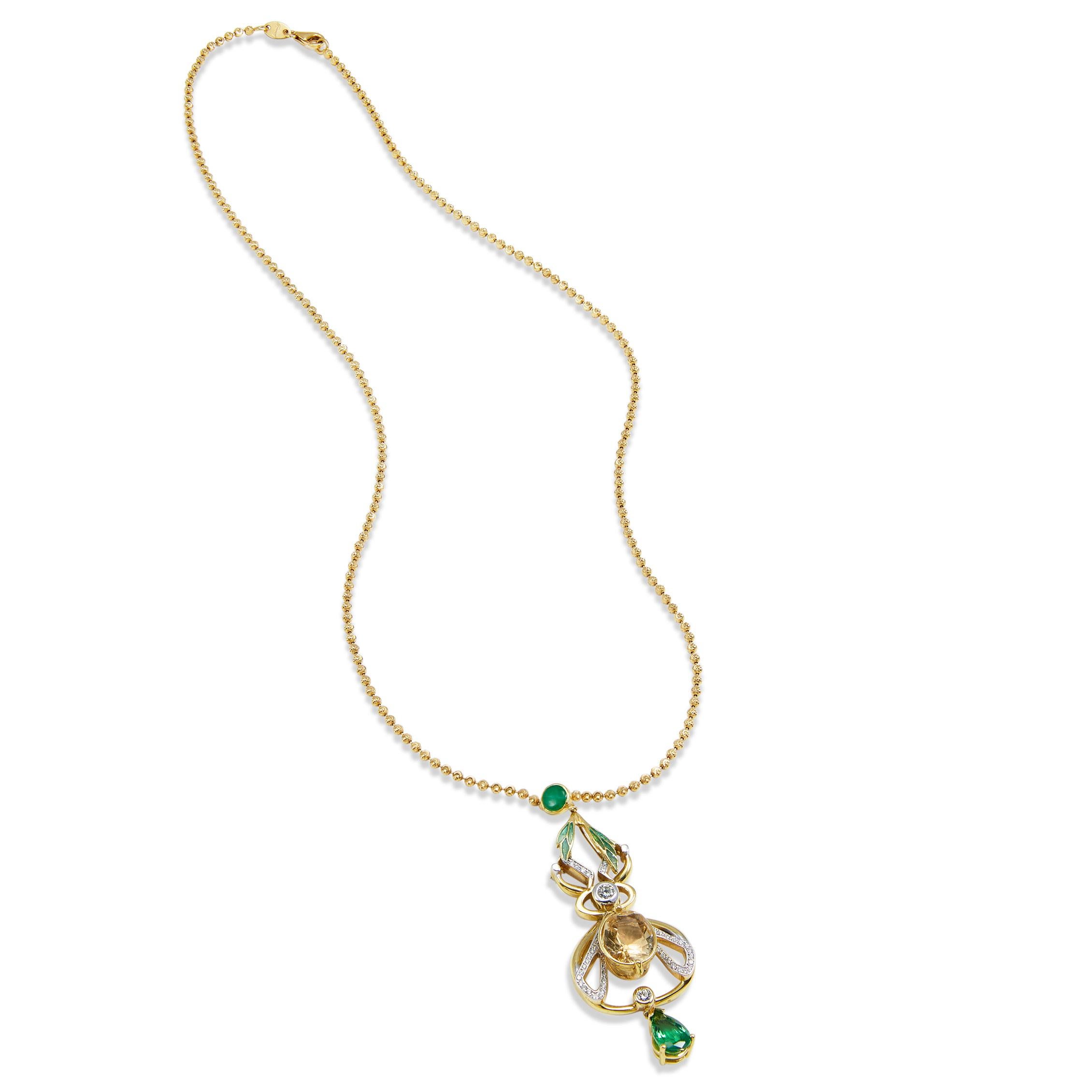 Pear Cut Yellow Sapphire, Jade, Green Tsavorite, Diamond 18k Pendant For Sale