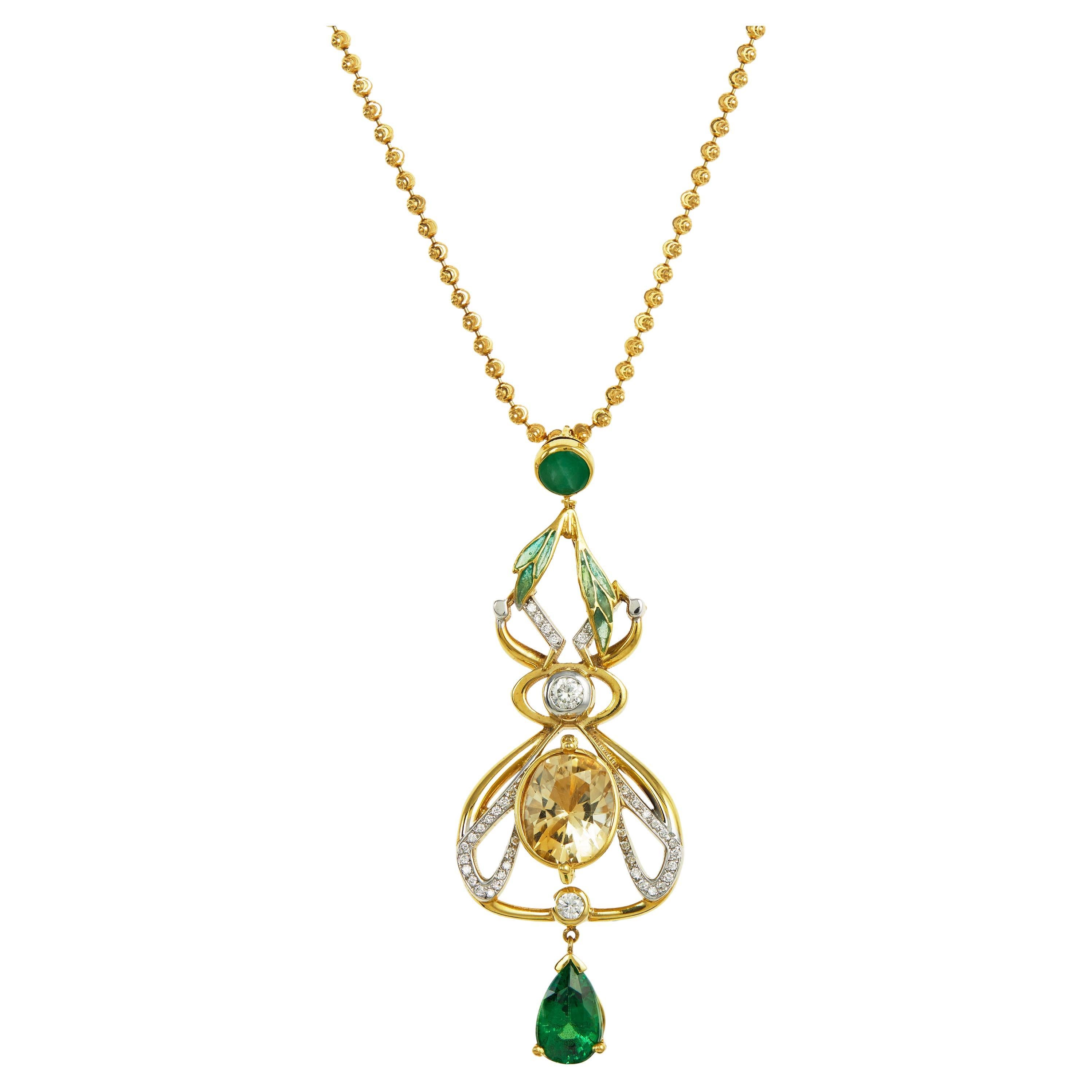 Yellow Sapphire, Jade, Green Tsavorite, Diamond 18k Pendant For Sale