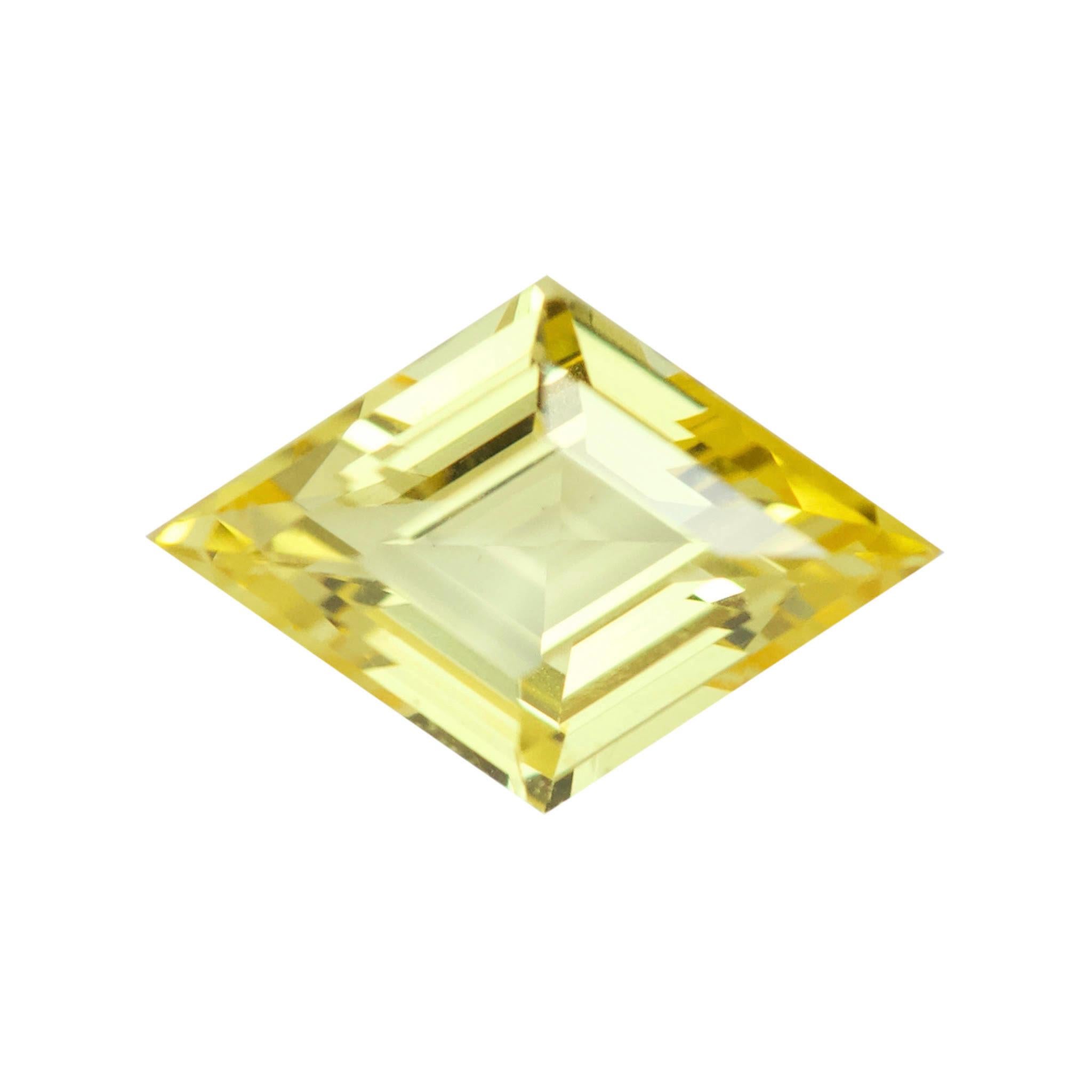 For an individual with a taste for that stand-out-in-the-crowd look this fancy lozenge cut yellow sapphire offers the perfect answer. A natural Ceylonese sapphire unique cut to reveal an elongated kite shape of over 1 carat with linear facets