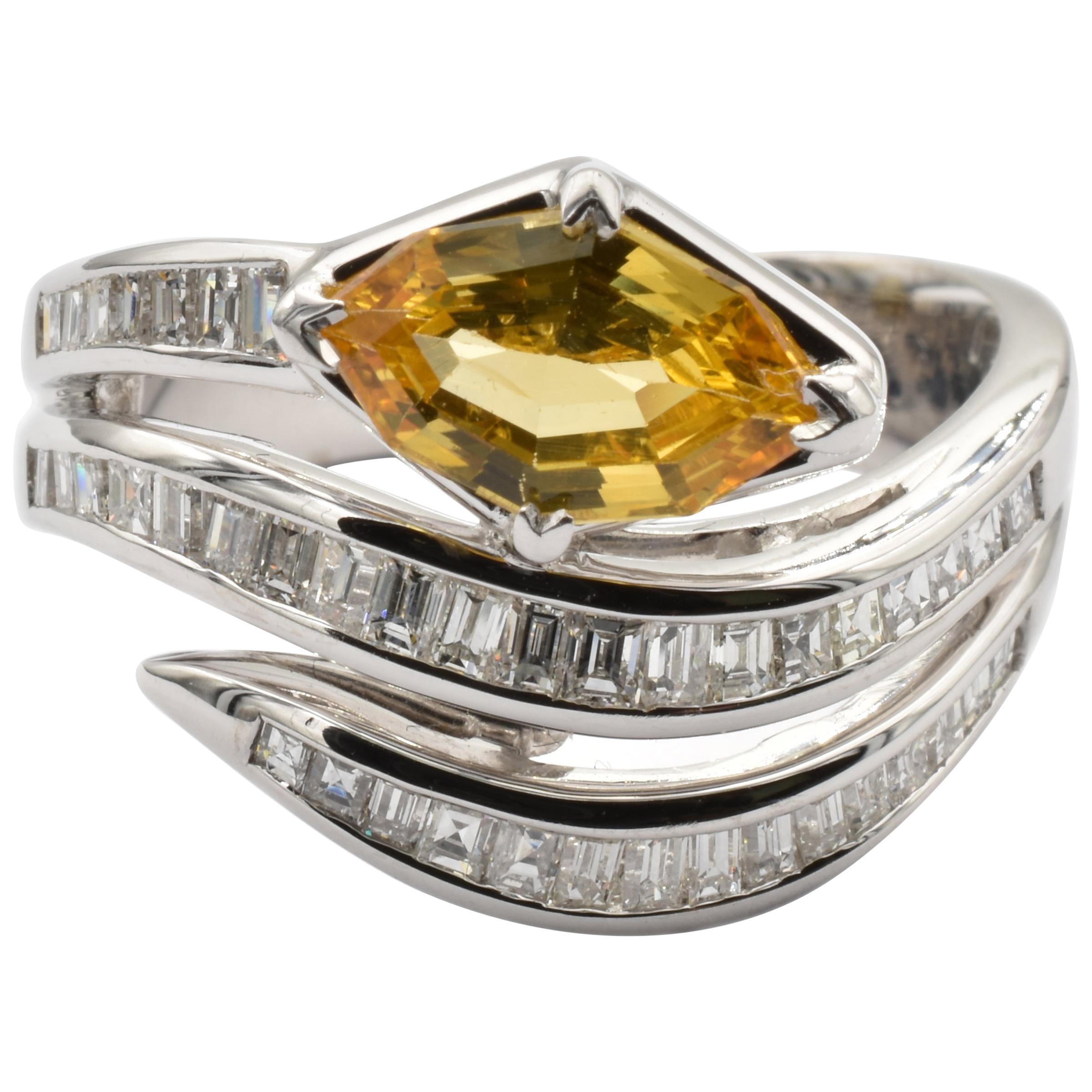 Yellow Sapphire Marquise and Diamonds White Gold Snake Ring Made in Italy For Sale