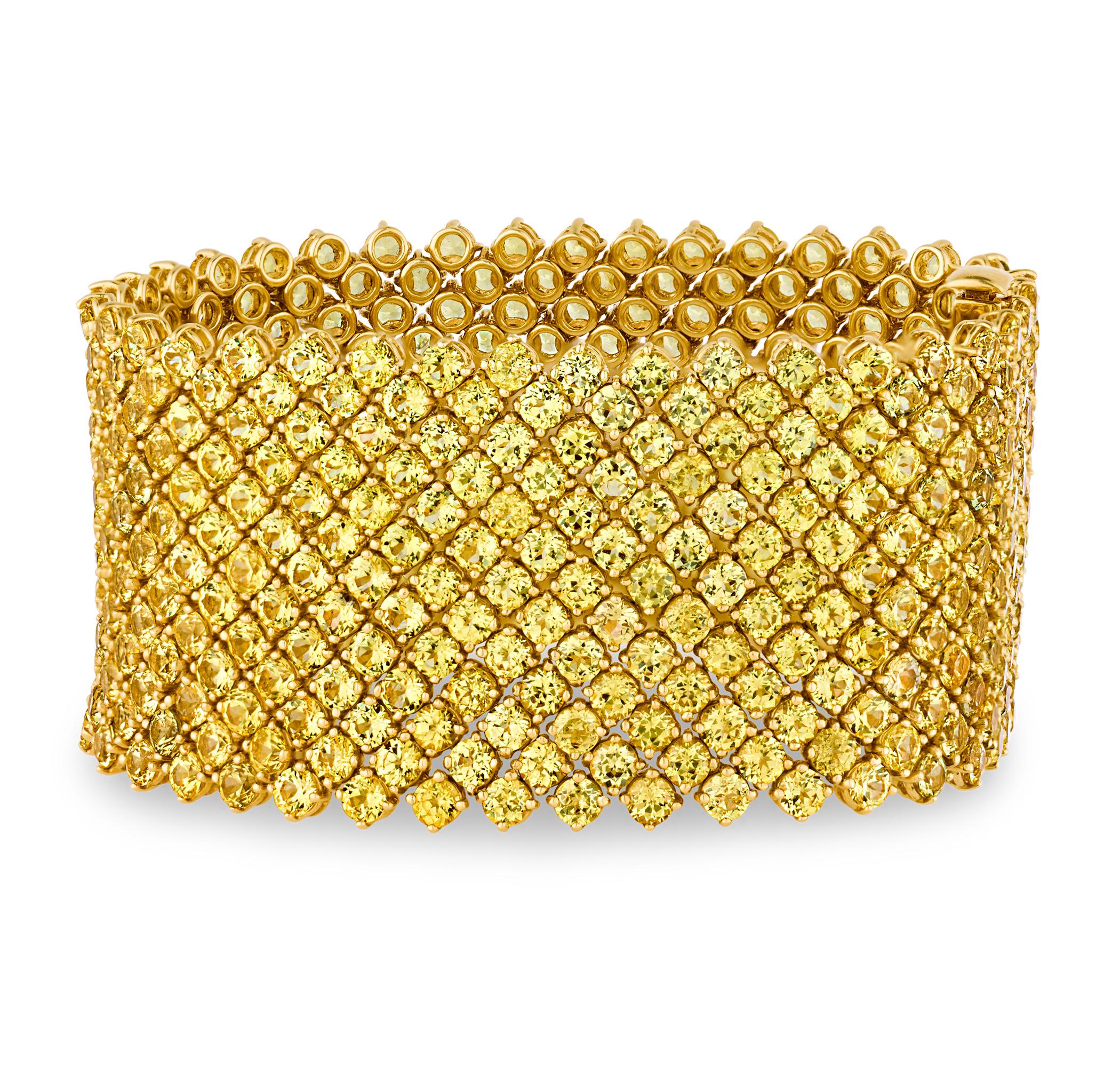 Round Cut Yellow Sapphire Mesh Bracelet, 66.24 Carats For Sale