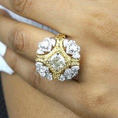 4.83 Carat Cushion Natural Yellow Diamond Statement Halo Ring, 14k Yellow Gold