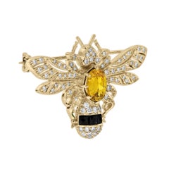 Yellow Sapphire Onyx Diamond Art Deco Style Bee Brooch in 18K Yellow Gold