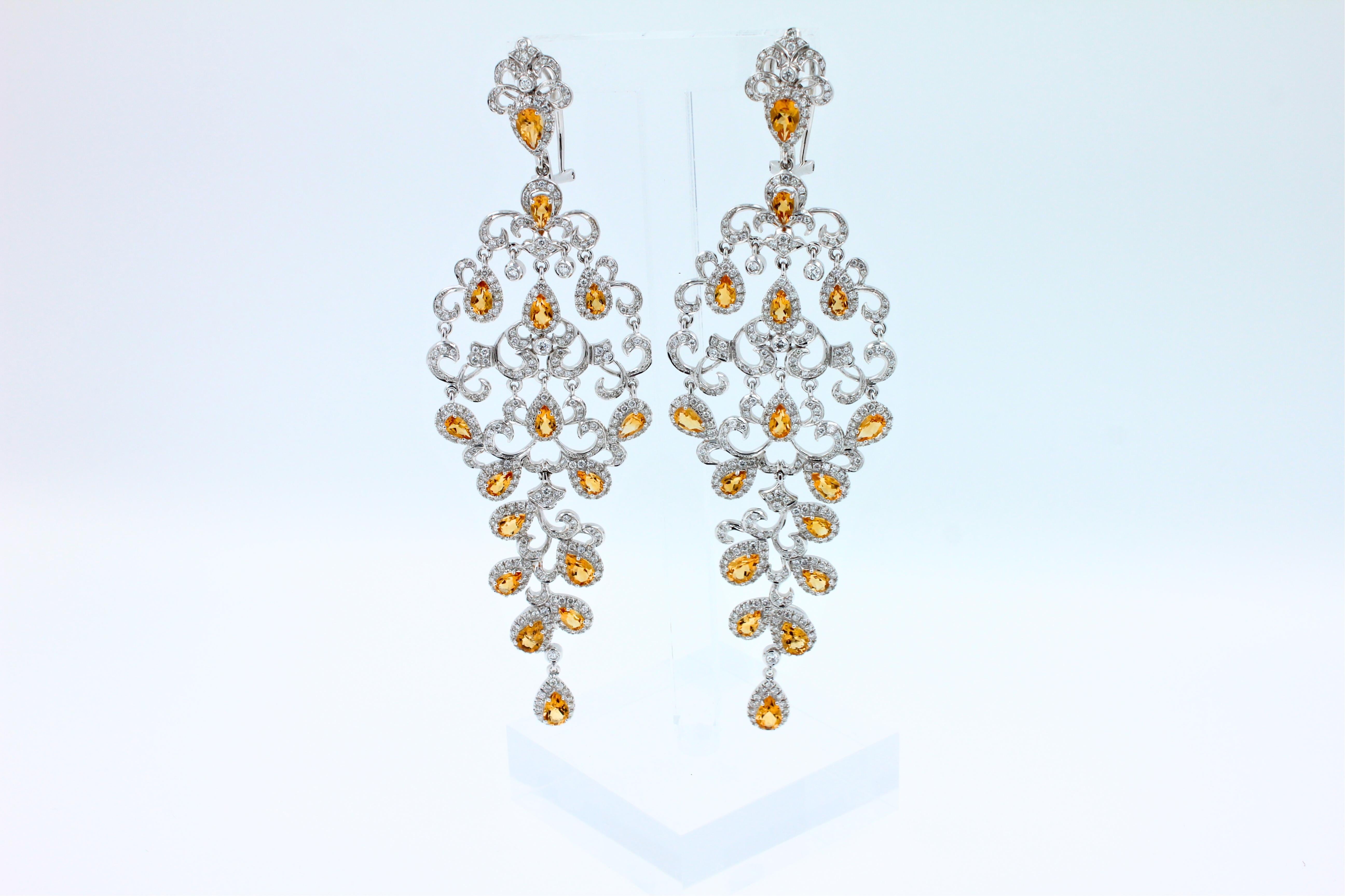 Yellow Sapphire Ornamental Diamond Pave Chandelier Drop 18k White Gold Earrings For Sale 5