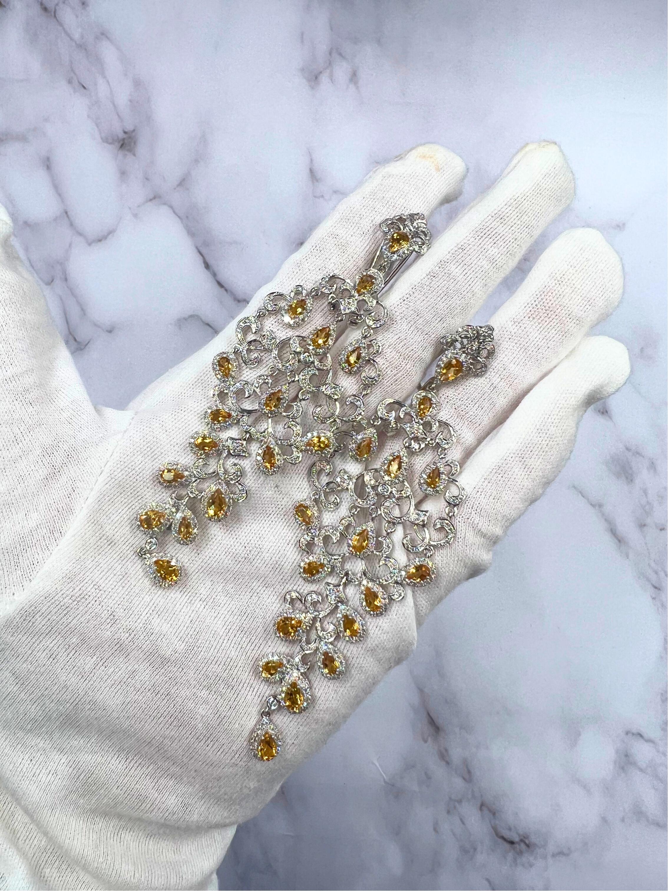 Yellow Sapphire Ornamental Diamond Pave Chandelier Drop 18k White Gold Earrings For Sale 12
