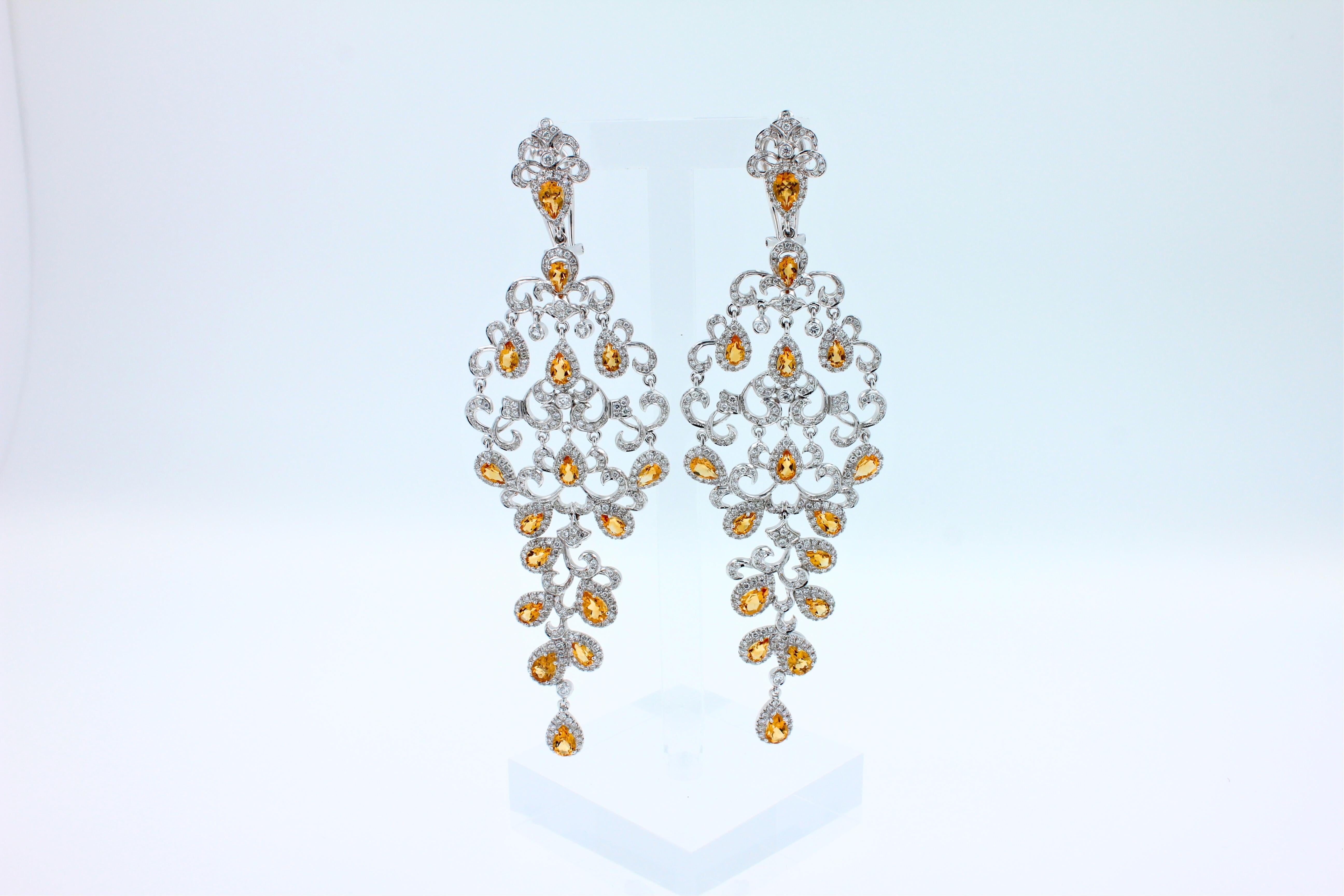 Round Cut Yellow Sapphire Ornamental Diamond Pave Chandelier Drop 18k White Gold Earrings For Sale