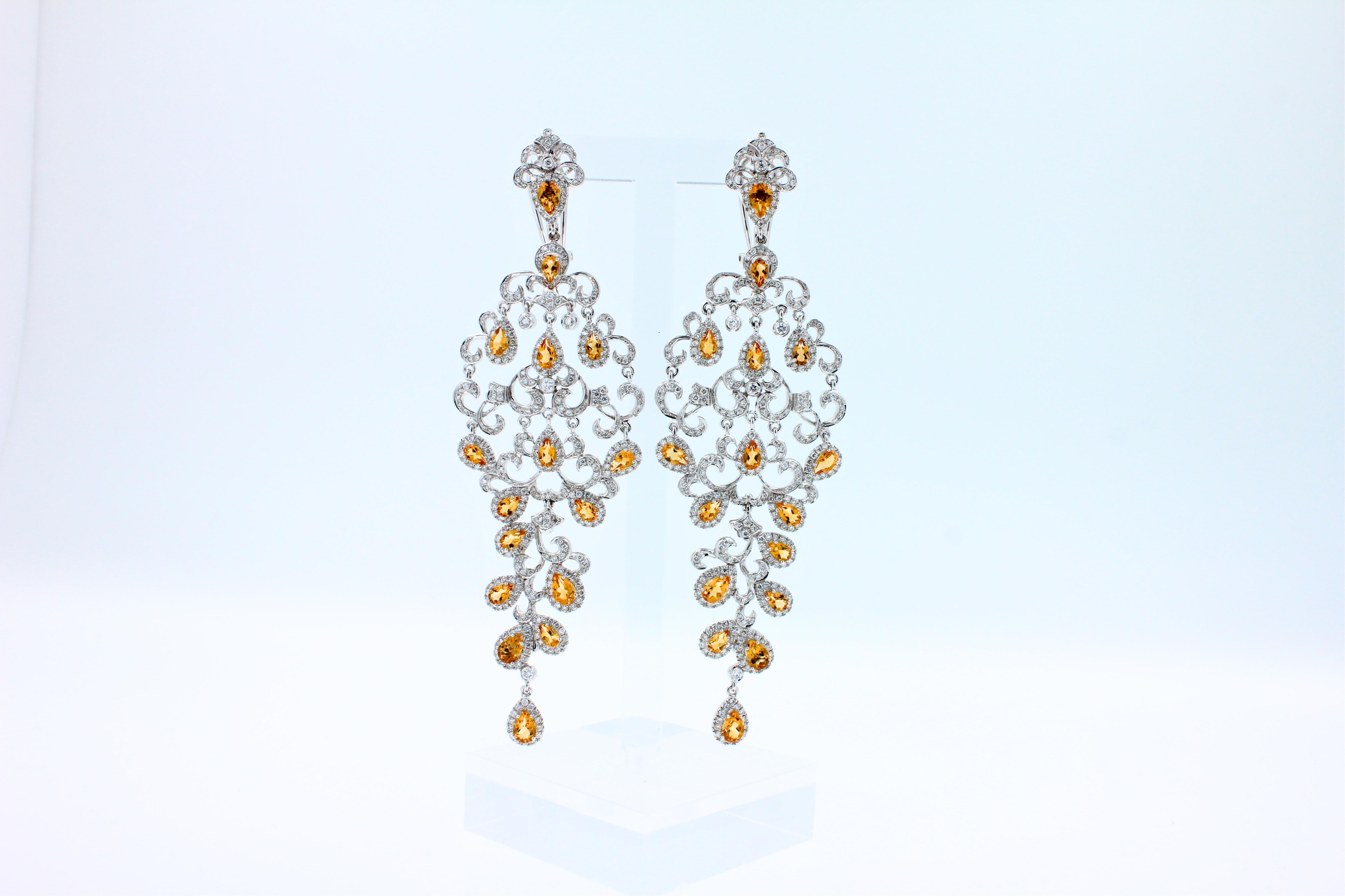 Yellow Sapphire Ornamental Diamond Pave Chandelier Drop 18k White Gold Earrings In New Condition For Sale In Oakton, VA