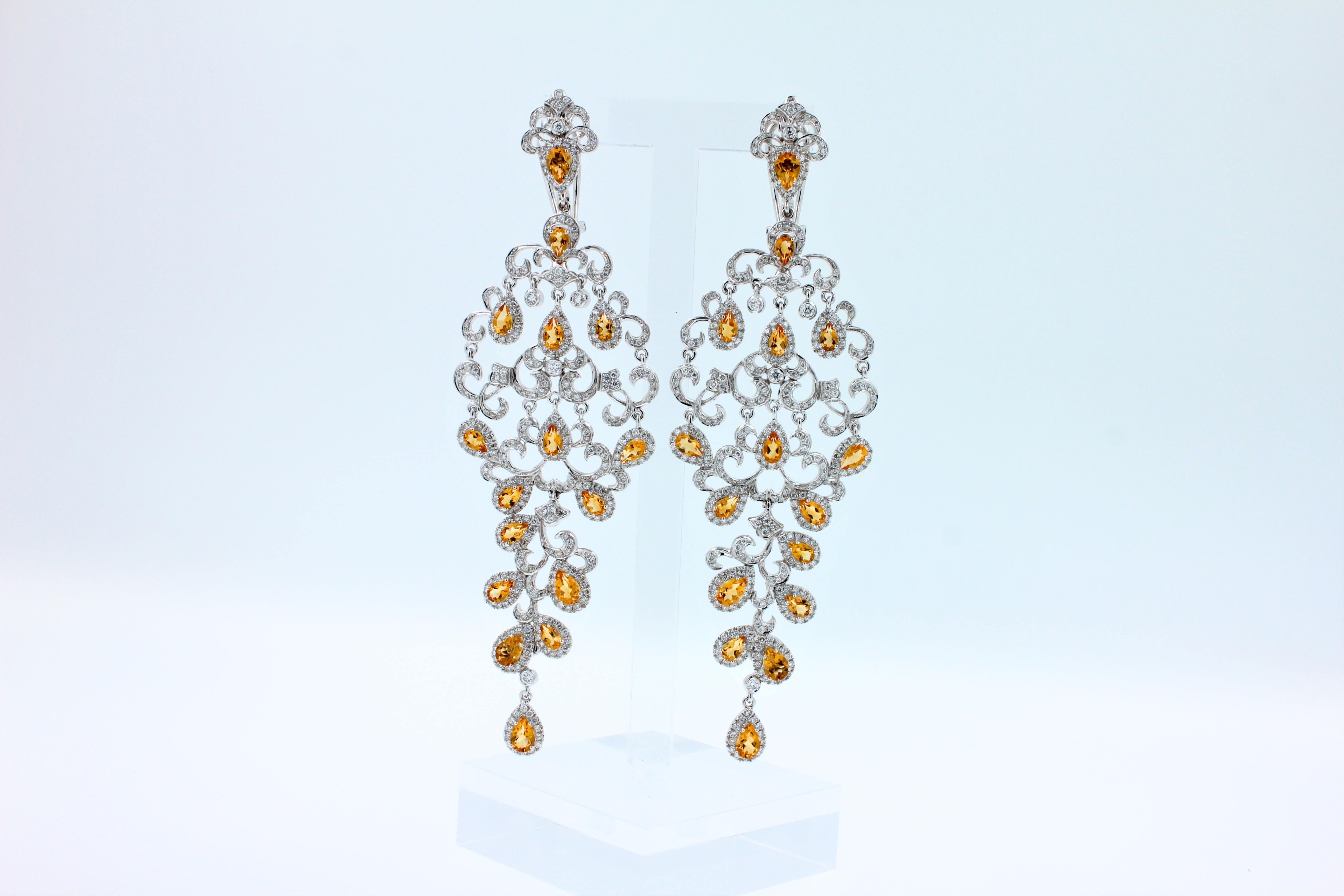 Women's Yellow Sapphire Ornamental Diamond Pave Chandelier Drop 18k White Gold Earrings For Sale