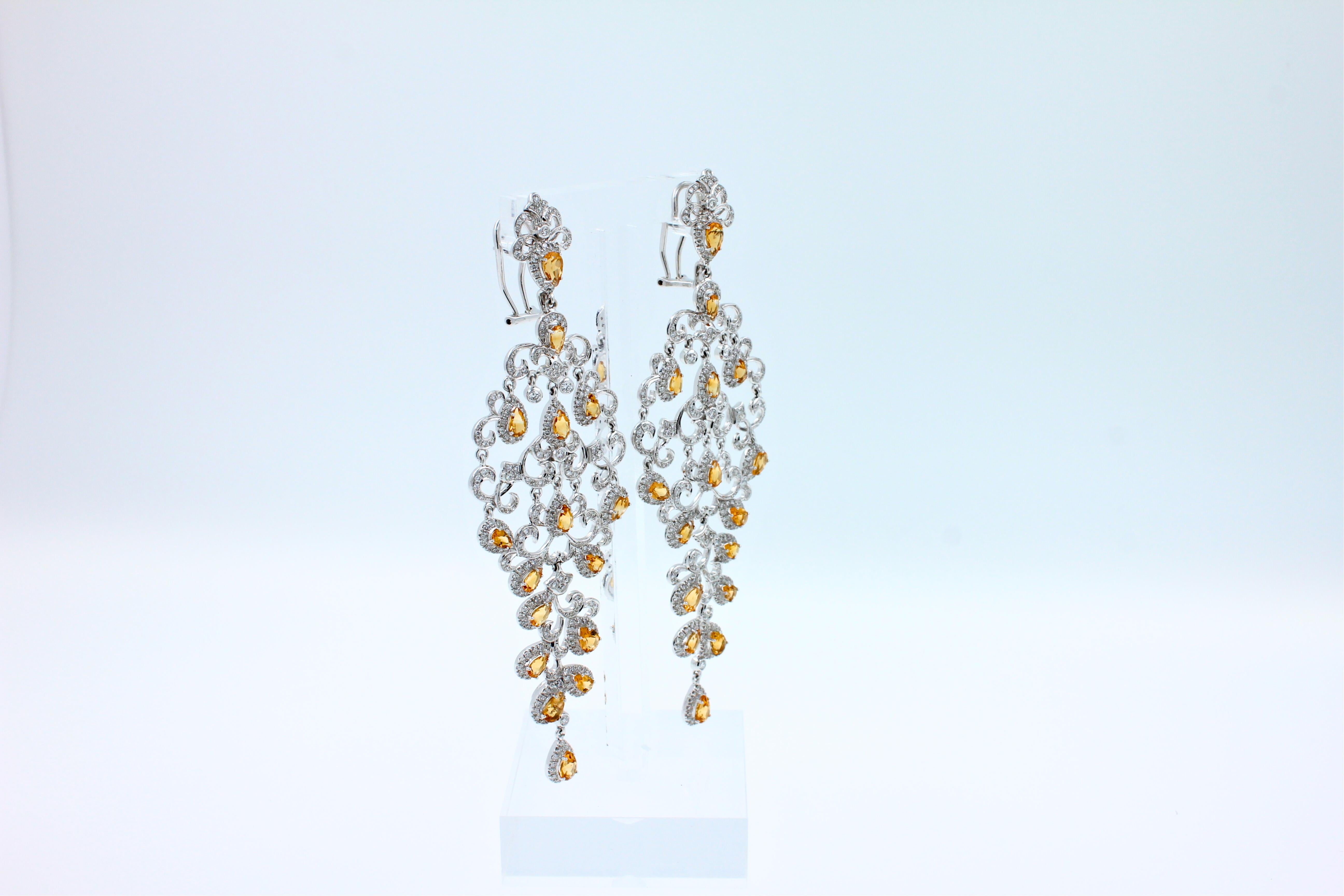 Yellow Sapphire Ornamental Diamond Pave Chandelier Drop 18k White Gold Earrings For Sale 1