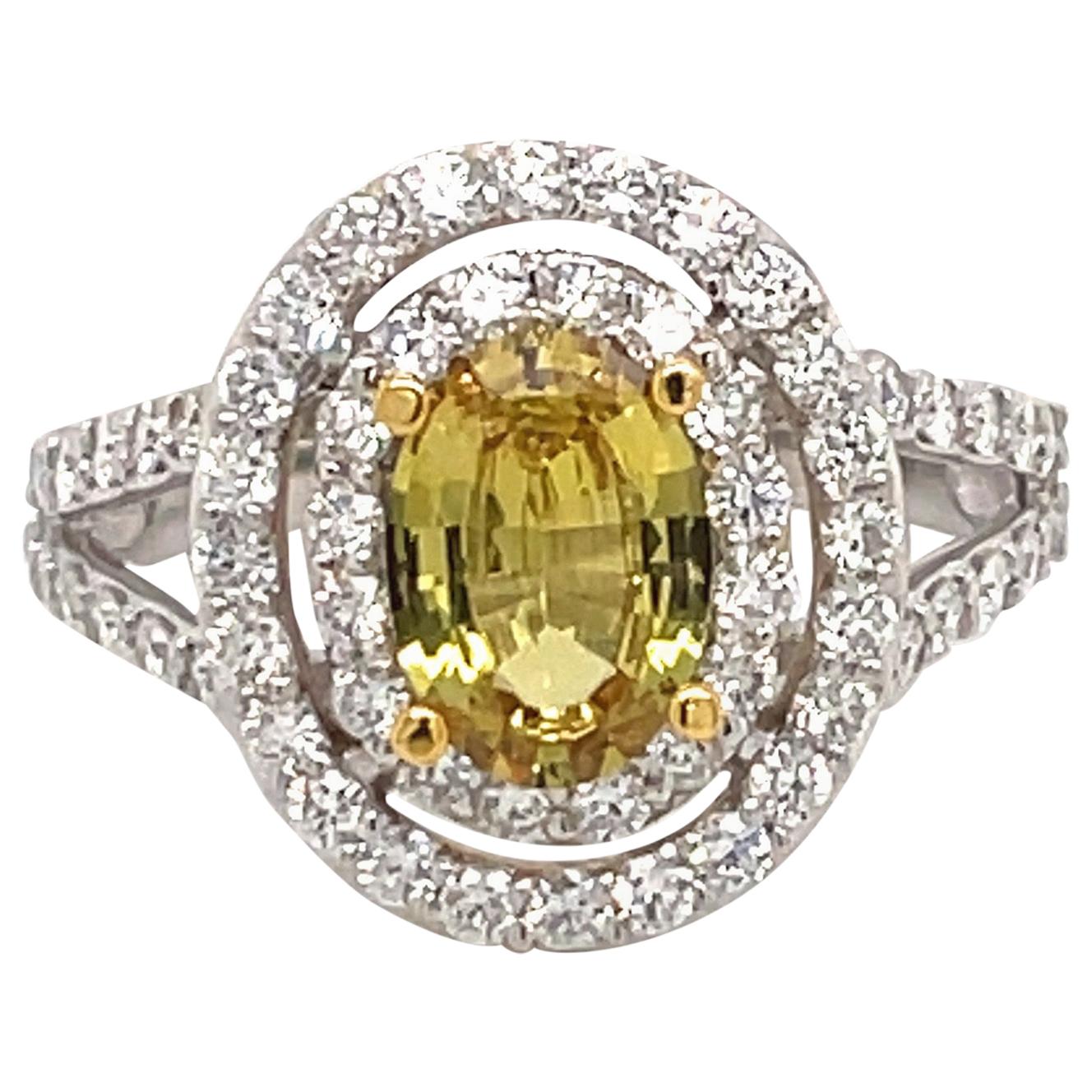 Yellow Sapphire Oval Double Halo Engagement Ring 2.18 Carat 18 Carat White Gold