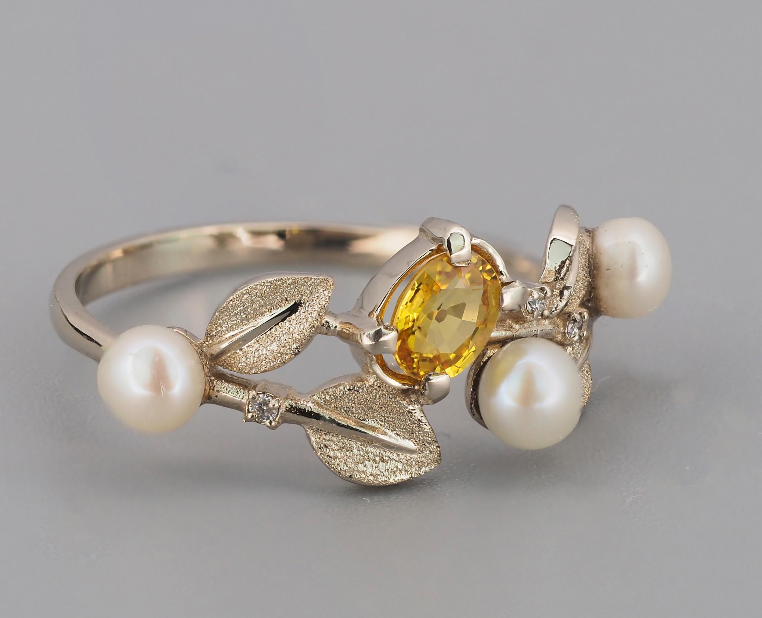 Oval Cut Yellow sapphire, pearl, diamonds 14k gold ring.  For Sale