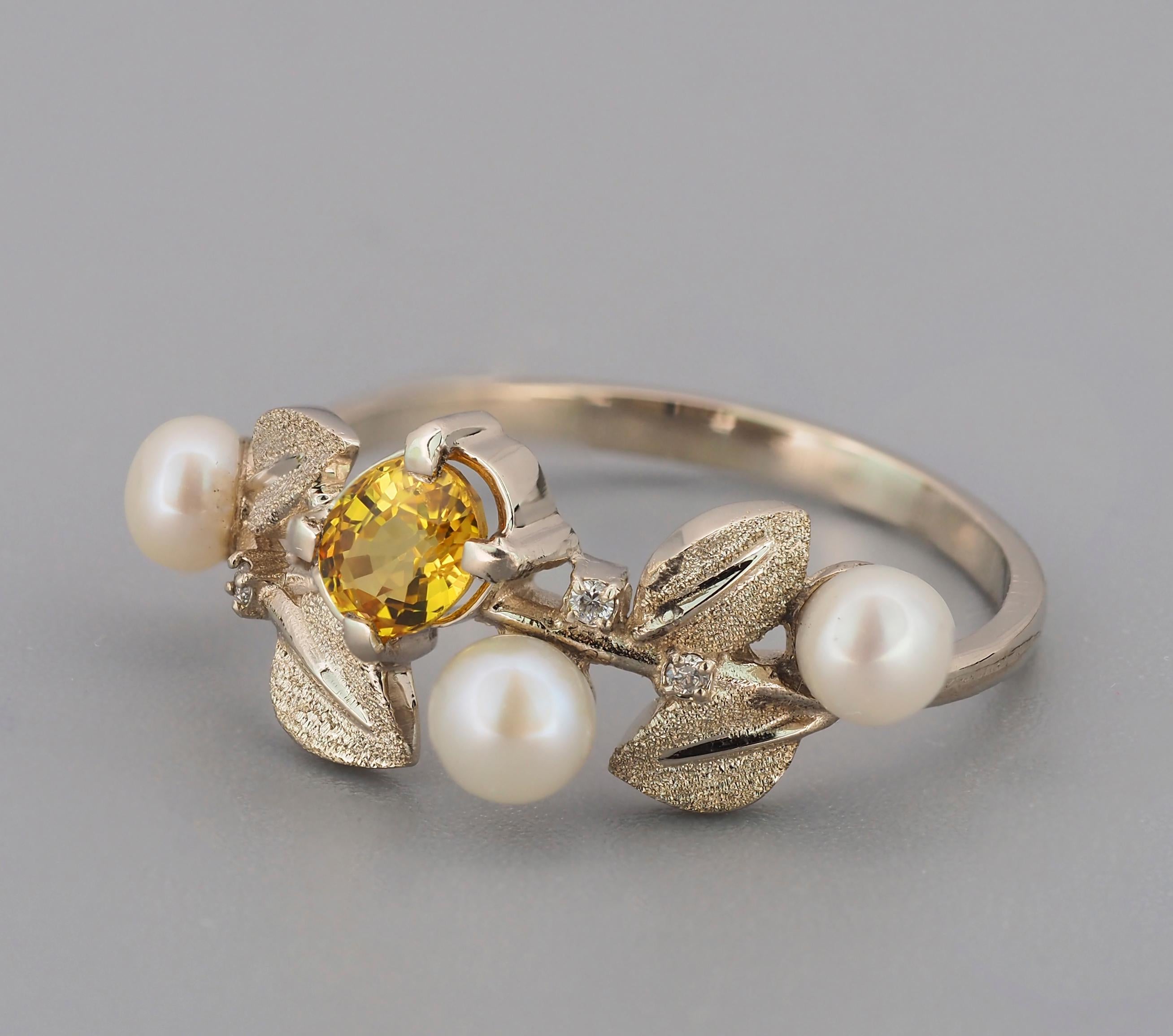 Yellow sapphire, pearl, diamonds 14k gold ring.  In New Condition For Sale In Istanbul, TR