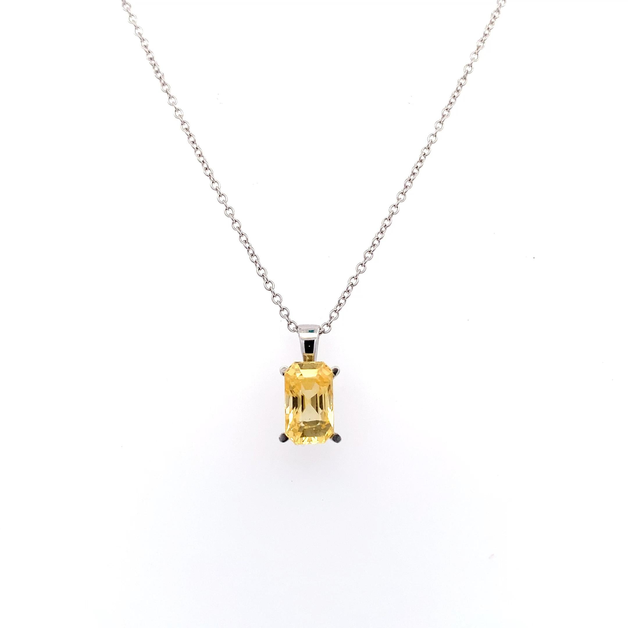 Emerald Cut Yellow sapphire pendant necklace 18k white gold For Sale