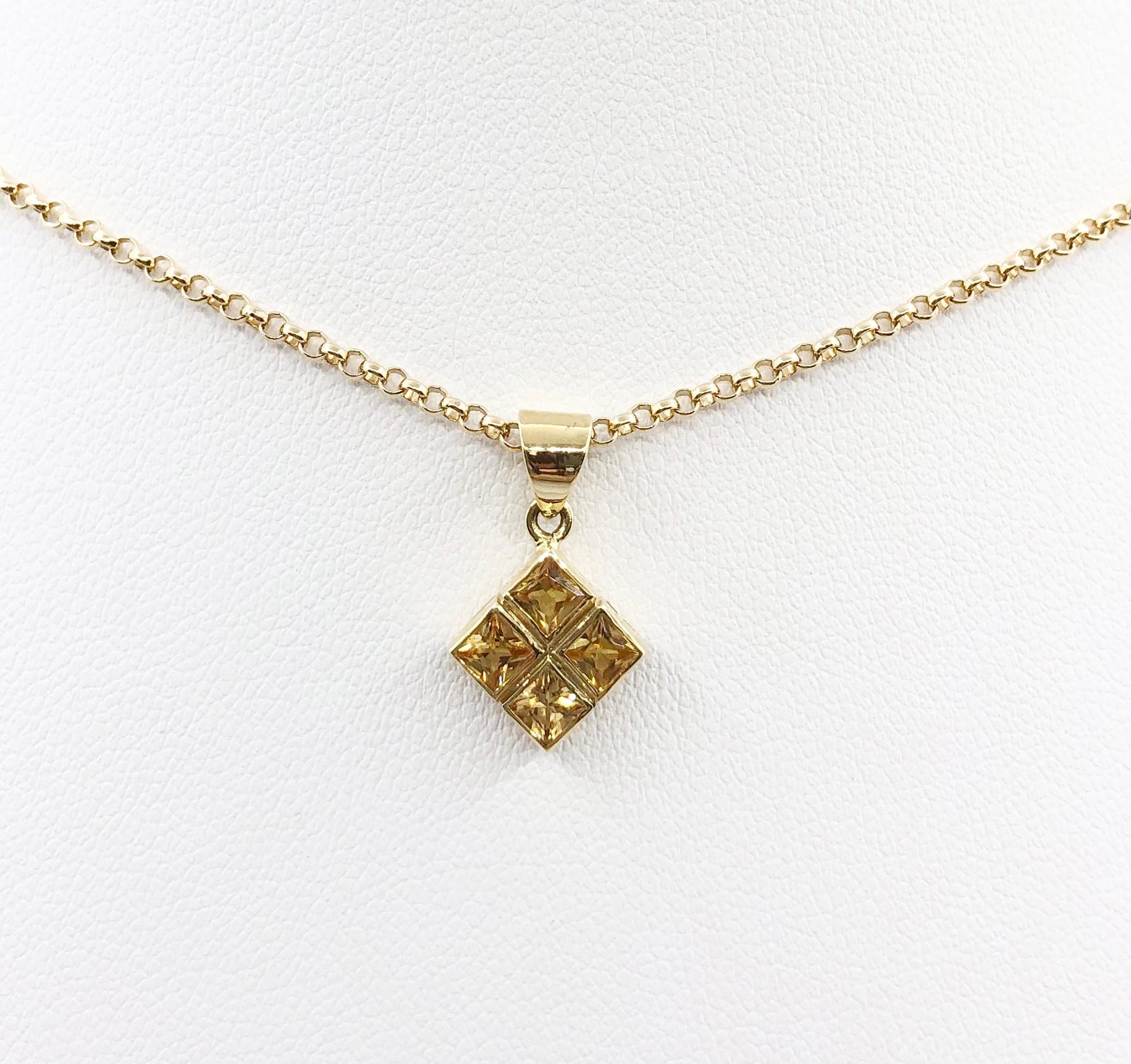 Pendentif en saphir jaune de 0,67 carat serti dans une monture en or 18 carats
(chaîne non incluse)

Largeur : 1,0 cm 
Longueur : 1,8 cm
Poids total : 1,73 gramme

