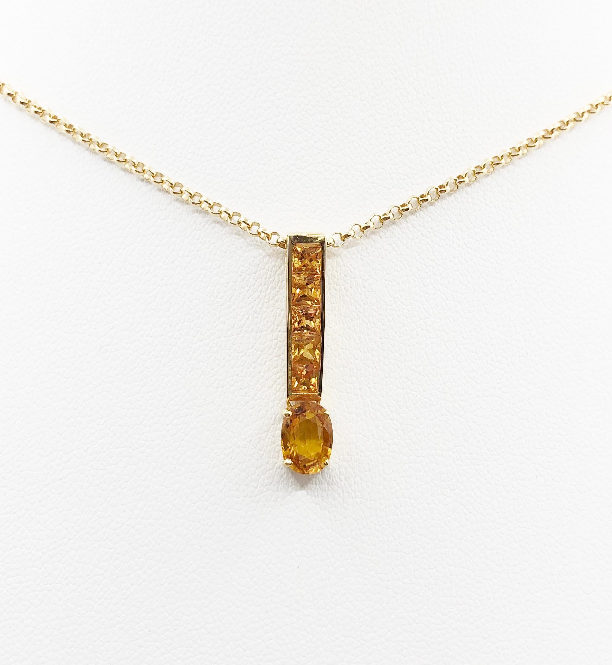 Yellow Sapphire 1.17 carats with Yellow Sapphire 0.90 carat Pendant set in 18 Karat Gold Settings
(chain not included)

Width: 0.5 cm 
Length: 2.5 cm
Total Weight: 2.32 grams

