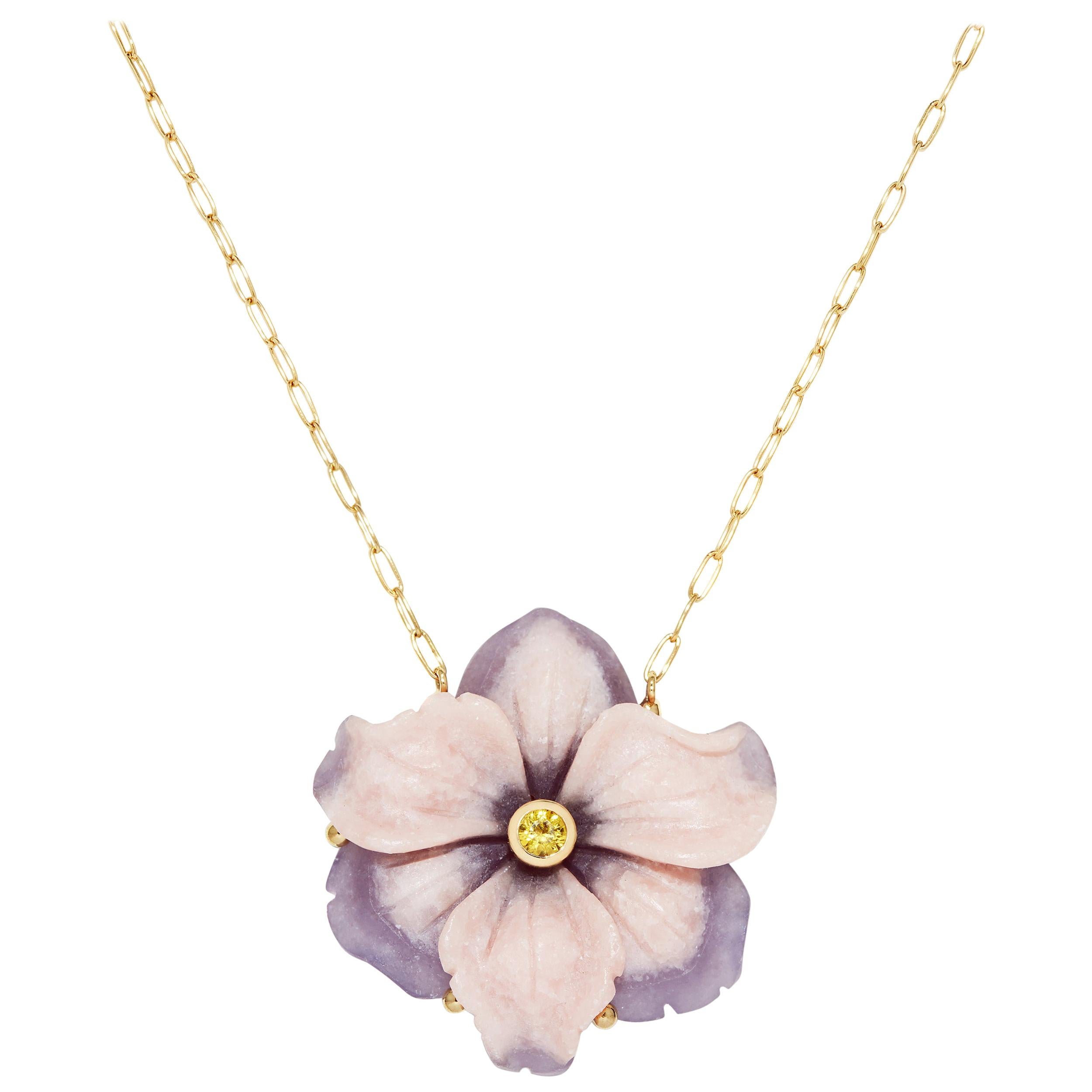 Yellow Sapphire, Pink Calcite, Lavender Aventurine Carved Flower Necklace 18k YG