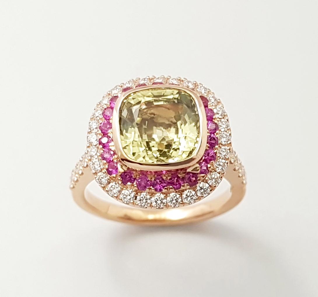 Yellow Sapphire, Pink Sapphire and Diamond Ring set in 18K Rose Gold Settings For Sale 4