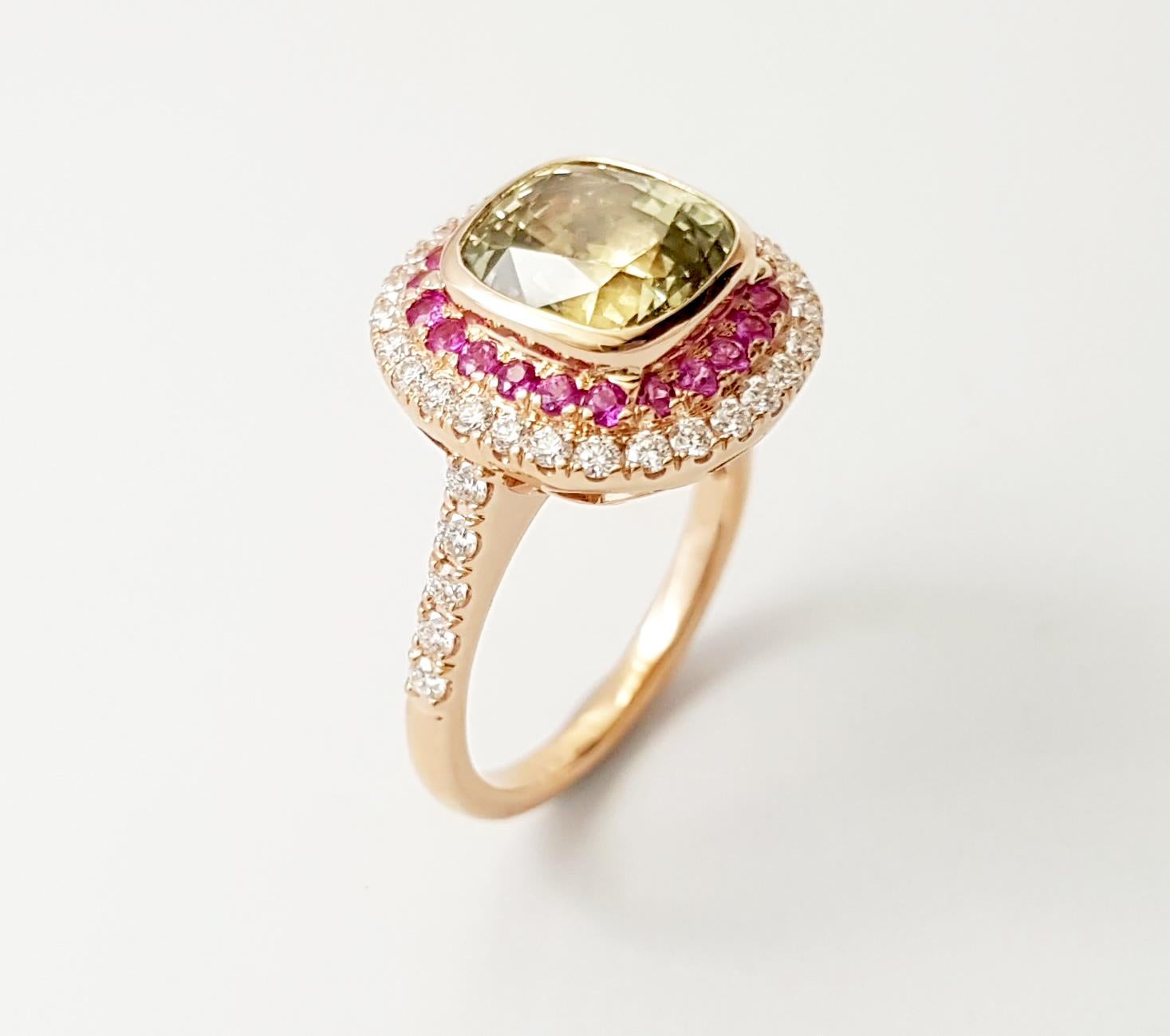Yellow Sapphire, Pink Sapphire and Diamond Ring set in 18K Rose Gold Settings For Sale 5