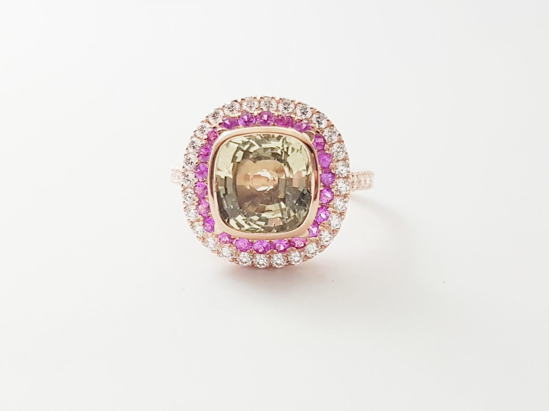 Yellow Sapphire, Pink Sapphire and Diamond Ring set in 18K Rose Gold Settings For Sale 7