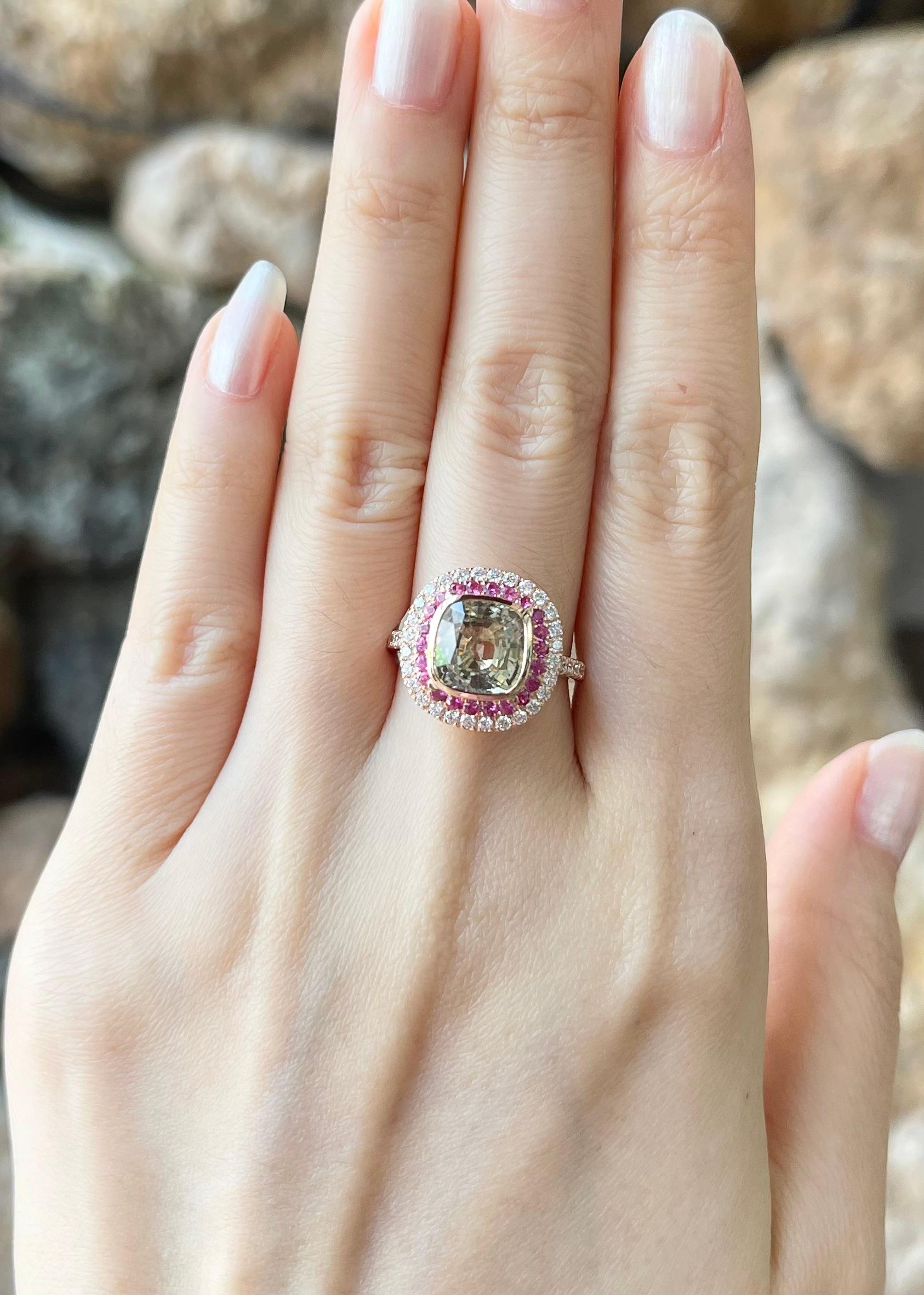 Yellow Sapphire 4.08 carats, Pink Sapphire 0.38 carat and Diamond 0.54 carat Ring set in 18K Rose Gold Settings

Width:  1.6 cm 
Length: 1.6 cm
Ring Size: 53
Total Weight: 7.50 grams

