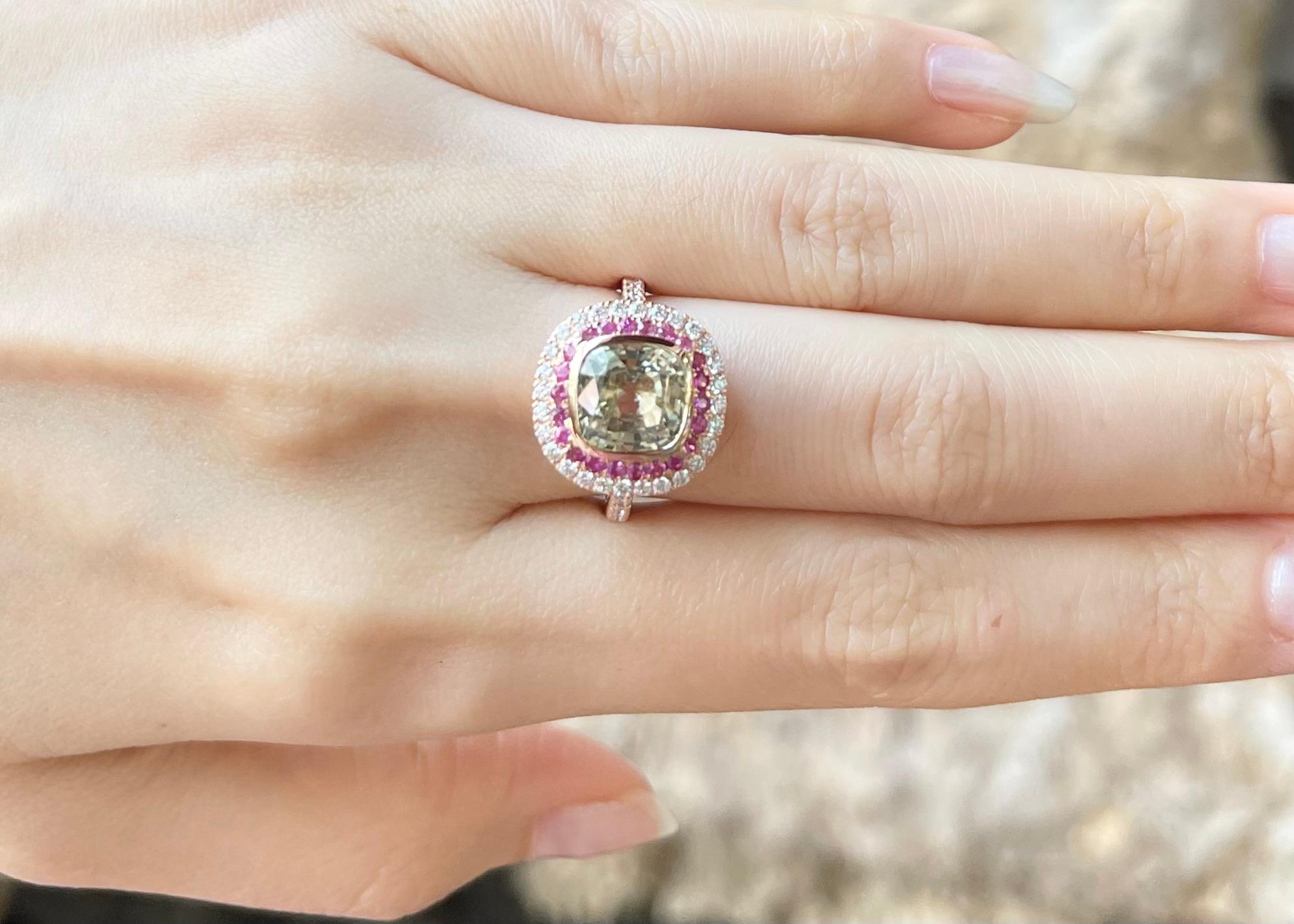 Contemporary Yellow Sapphire, Pink Sapphire and Diamond Ring set in 18K Rose Gold Settings For Sale