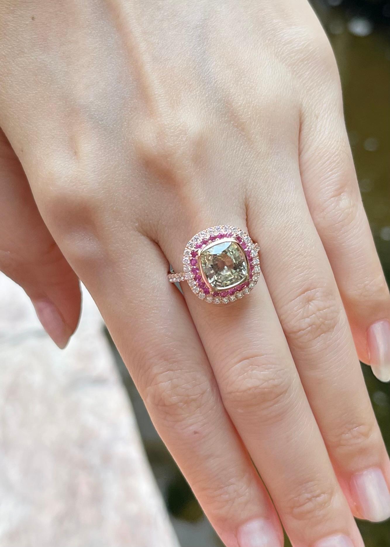 Cushion Cut Yellow Sapphire, Pink Sapphire and Diamond Ring set in 18K Rose Gold Settings For Sale