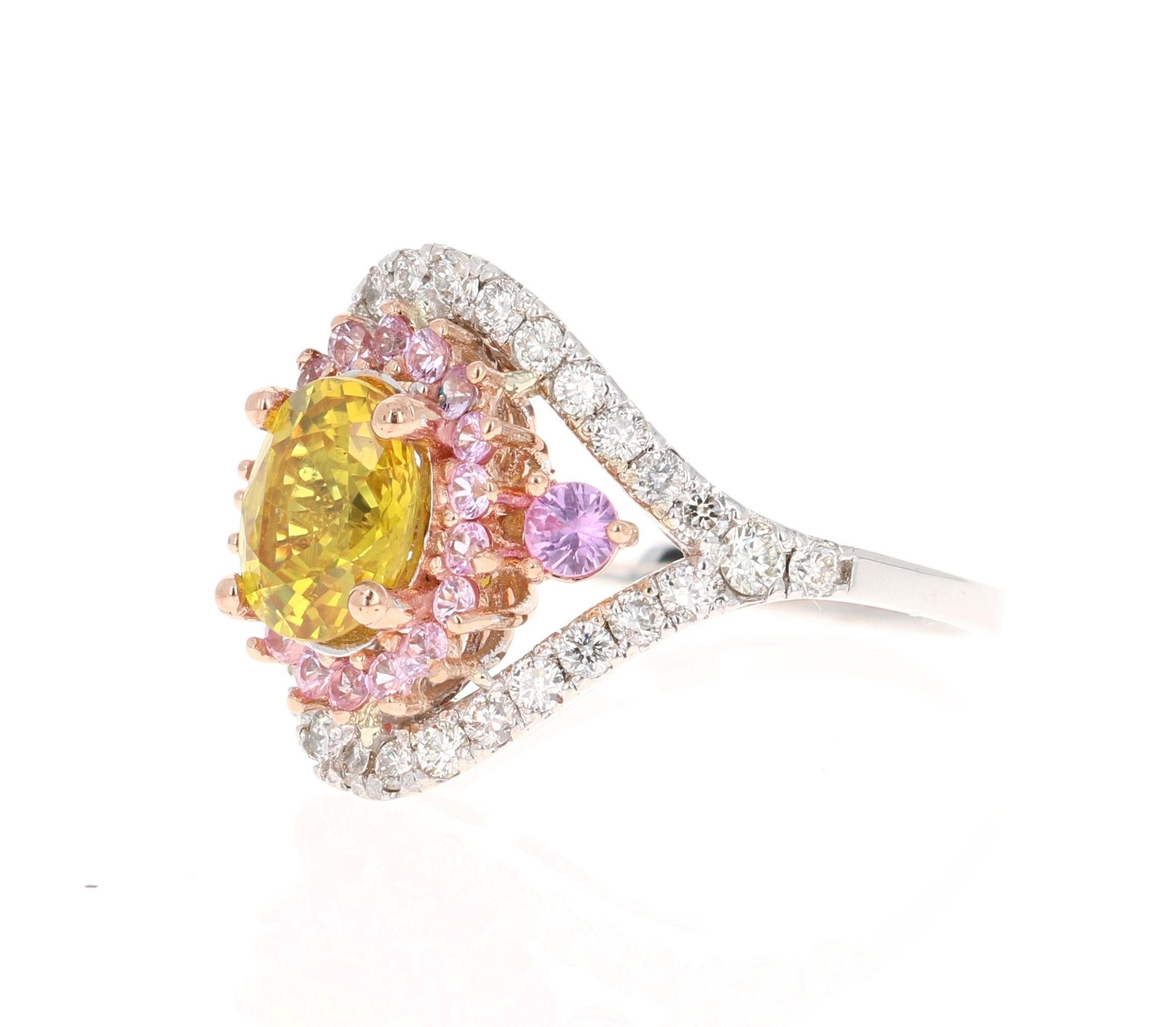 Modern Yellow Sapphire Pink Sapphire Diamond 14 Karat White Gold Bridal Ring
