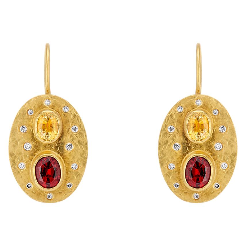 Yellow Sapphire, Red Spinel and White Diamond Yellow Gold Dangle Drop Earrings