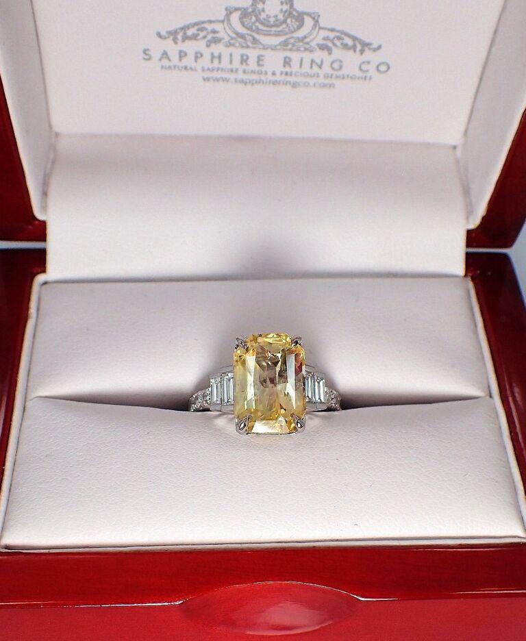 Yellow Sapphire Ring, 5.55ct Unheated Platinum Ceylon Sapphire GIA Certified For Sale 4
