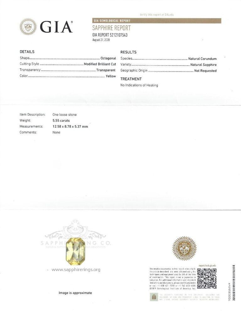 Neuer Ceylon-Saphir-Ring aus Platin mit einem gemischten gelben Saphir im Prinzessschliff mit den Maßen 12,58 x 8,78 x 5,37 mm und einem Gewicht von 5,55 Karat.  Typ II. Mittelhelle, mäßig starke, gelbe Farbe GIA Y 4/4.  Mit 8 runden Diamanten im