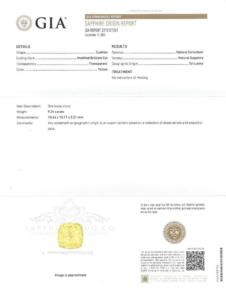 New Natural yellow sapphire platinum ring, containing an unheated cushion-cut yellow sapphire measuring 10.44 x 10.17 x 9.21 mm weighing 9.31 carat.  Type II. Medium-light, moderately strong, yellow color GIA Y 4/4.   Set with 2 pear cut GIA