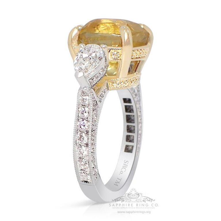 Cushion Cut Yellow Sapphire Ring, 9.31ct Unheated Cushion Ceylon Sapphire Platinum Ring GIA For Sale