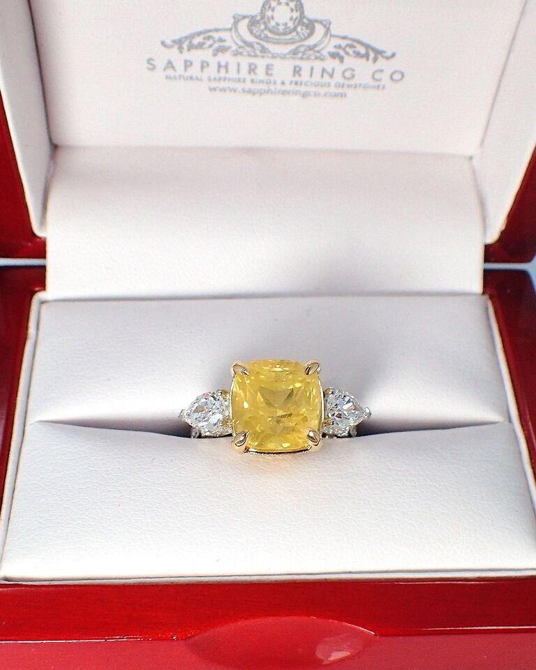 Yellow Sapphire Ring, 9.31ct Unheated Cushion Ceylon Sapphire Platinum Ring GIA For Sale 3